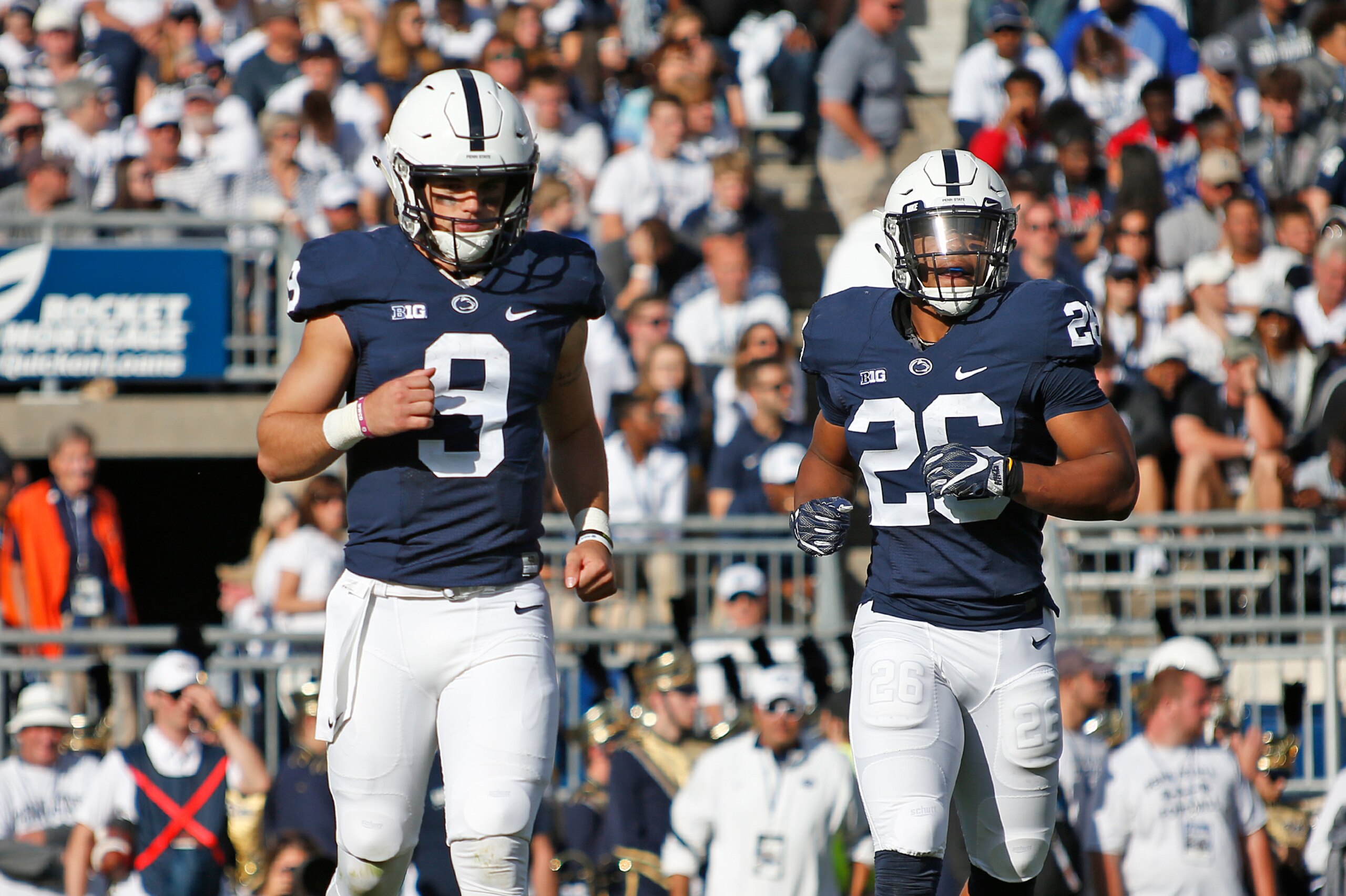 STATE COLLEGE, PA - SEPTEMBER 09:  Trace McSorley #9 of the Penn State Nittany Lions and Saquon Barkley #26 in action against the Pittsburgh Panthers at Beaver Stadium on September 9, 2017 in State College, Pennsylvania.  (Photo by Justin K. Aller/Getty I