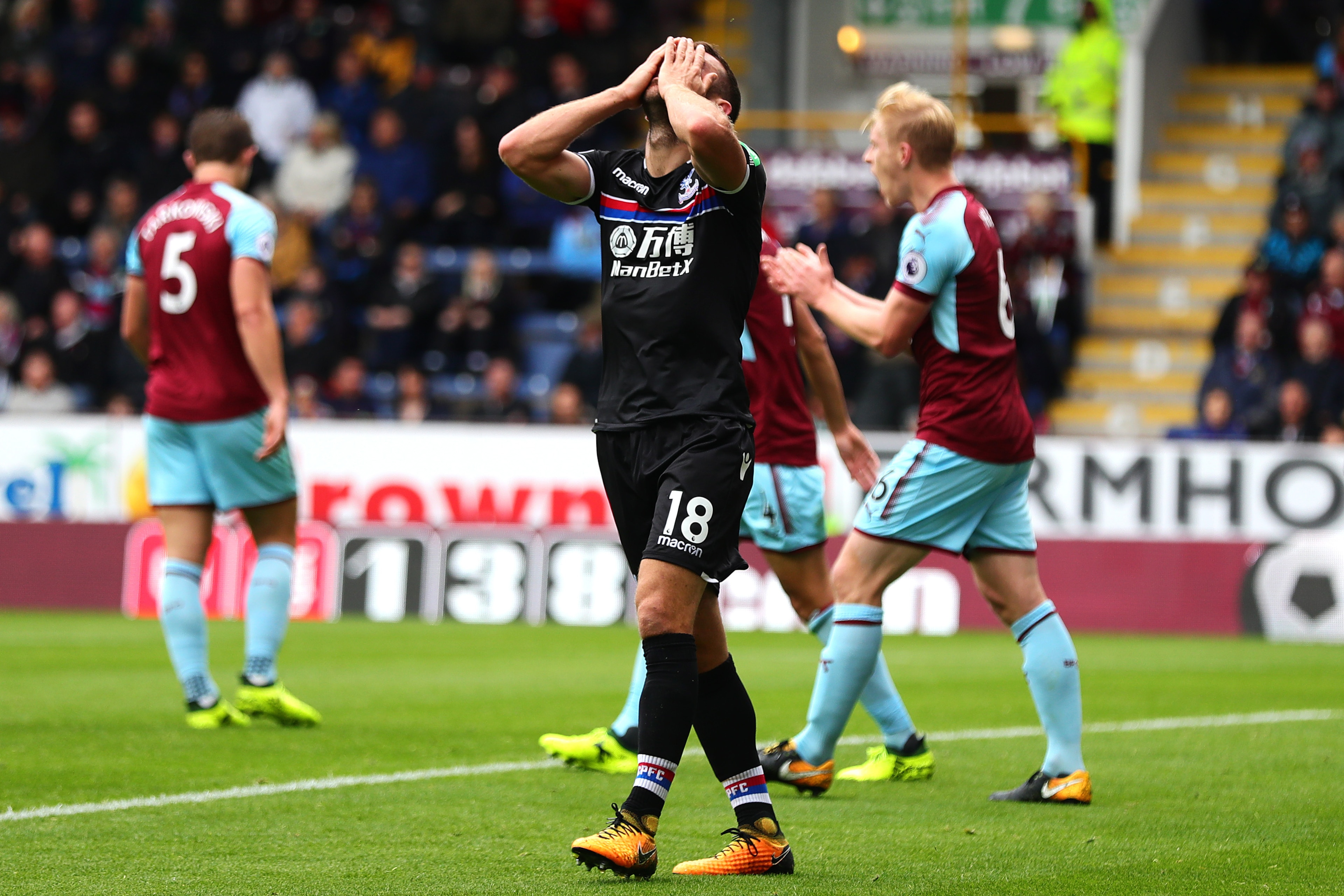BURNLEY, ENGLAND - SEPTEMBER 10: James McArthur of Crystal Palace reacts during the Premier League match between Burnley and Crystal Palace at Turf Moor on September 10, 2017 in Burnley, England. (Photo by Chris Brunskill Ltd/Getty Images)