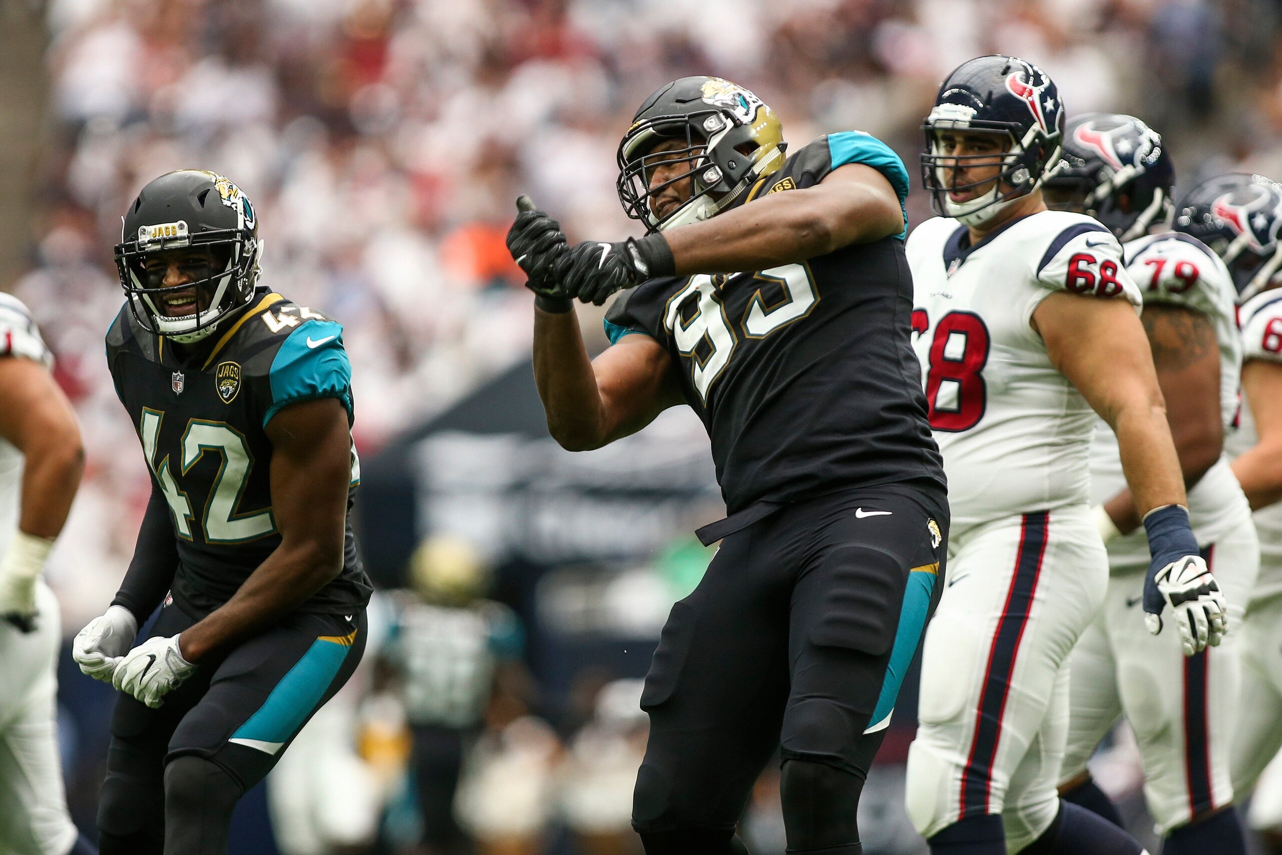 Sep 10, 2017; Houston, TX, USA; Jacksonville Jaguars defensive tackle Calais Campbell (93) celebrates after a play during the second quarter against the Houston Texans at NRG Stadium. Mandatory Credit: Troy Taormina-USA TODAY Sports