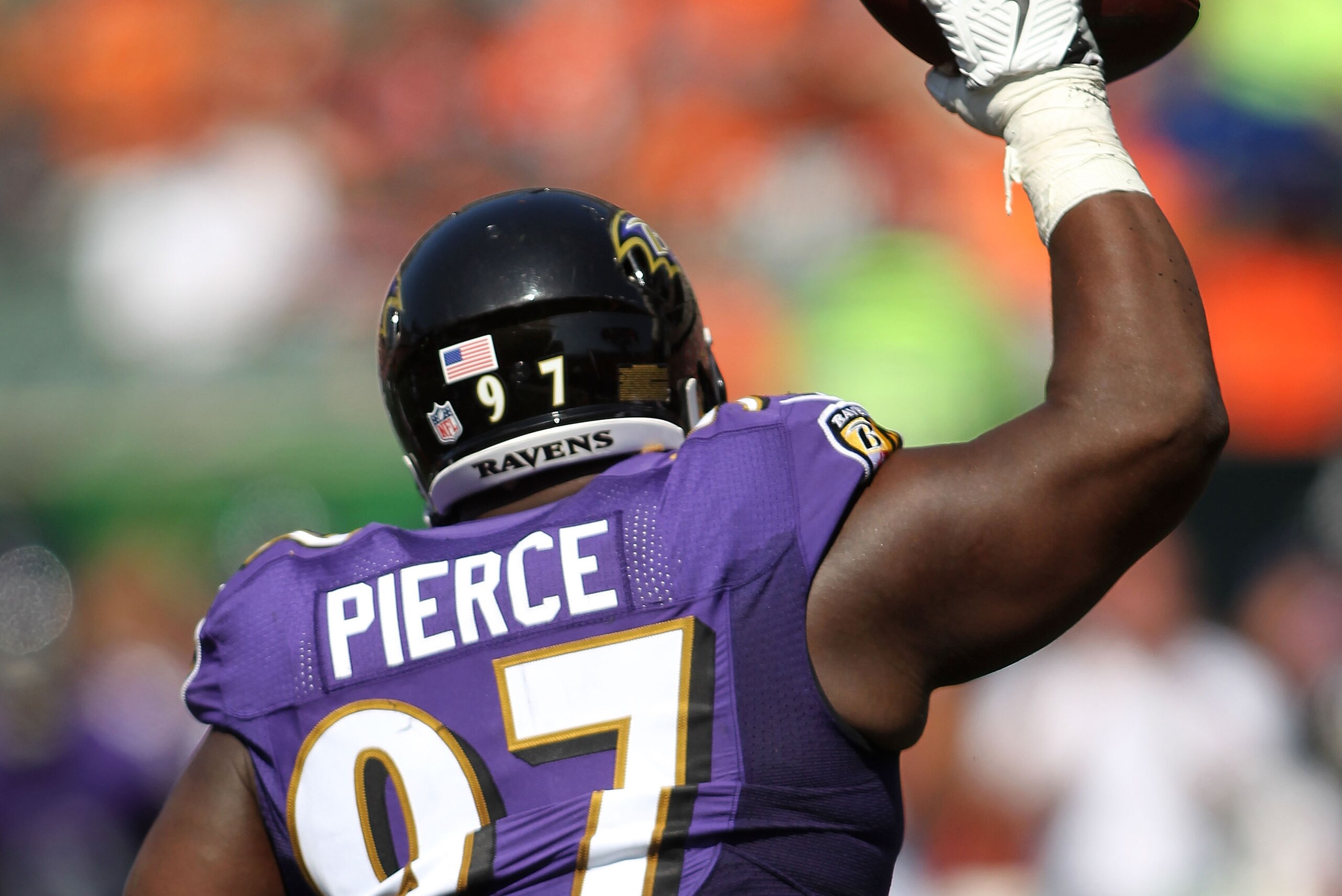 CINCINNATI, OH - SEPTEMBER 10:  Michael Pierce #97 of the Baltimore Ravens celebrates after recovering a fumble during the third quarter of the game against the Cincinnati Bengals at Paul Brown Stadium on September 10, 2017 in Cincinnati, Ohio. (Photo by 