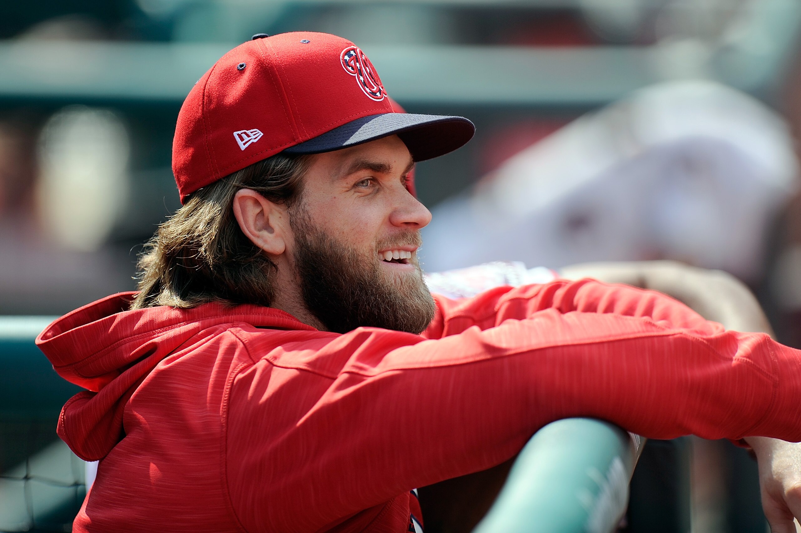 WASHINGTON, DC - SEPTEMBER 10:  Bryce Harper #34 of the Washington Nationals watches the game in the sixth inning against the Philadelphia Phillies at Nationals Park on September 10, 2017 in Washington, DC.  (Photo by Greg Fiume/Getty Images)