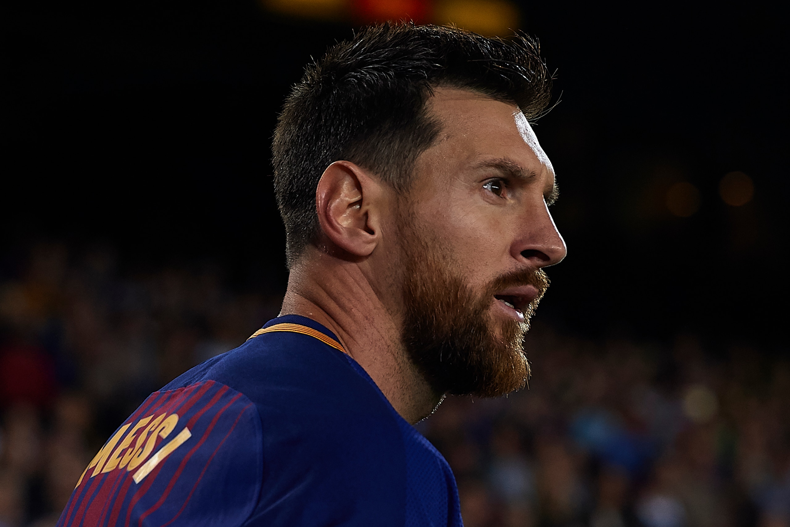 BARCELONA, SPAIN - SEPTEMBER 09:  Lionel Messi of Barcelona looks on during the La Liga match between Barcelona and Espanyol at Camp Nou on September 9, 2017 in Barcelona, Spain.  (Photo by Manuel Queimadelos Alonso/Getty Images)