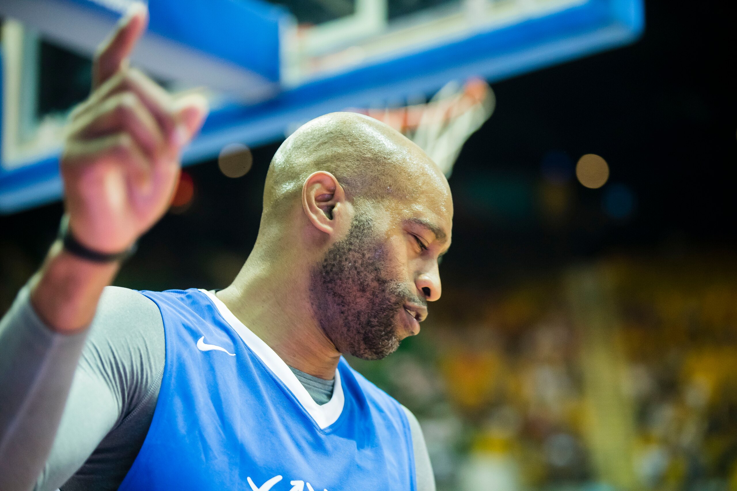 HONG KONG, HONG KONG - JULY 30: Vince Carter #2 of American Professional Nike Rising Star Team, player of Sacramento Kings, reacts during Yao Foundation Charity Tour match between American Professional Nike Rising Star Team and Chinese Men's Basketball St