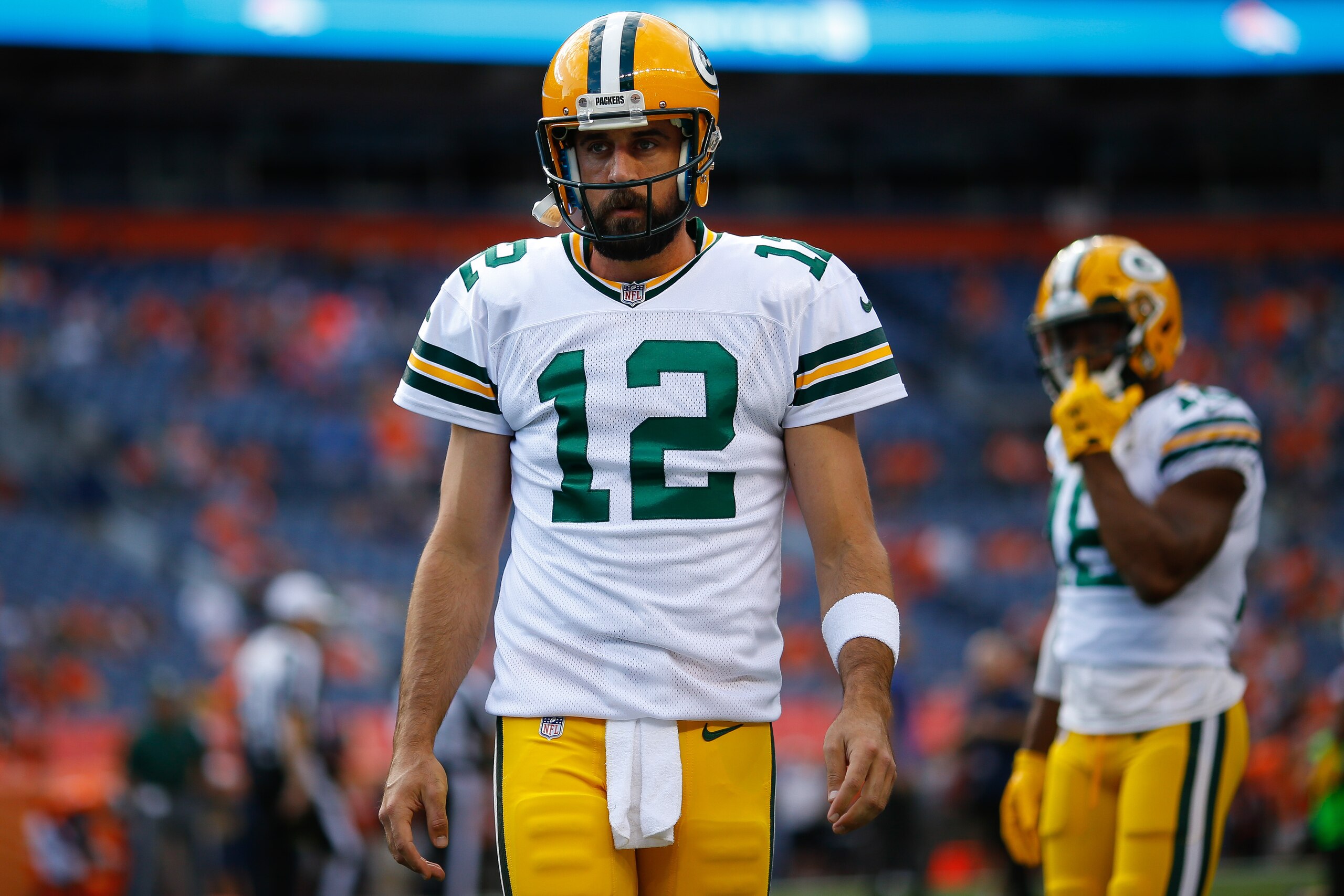 DENVER, CO - AUGUST 26:  Quarterback Aaron Rodgers #12 of the Green Bay Packers warms up before a Preseason game against the Denver Broncos at Sports Authority Field at Mile High on August 26, 2017 in Denver, Colorado. (Photo by Justin Edmonds/Getty Image