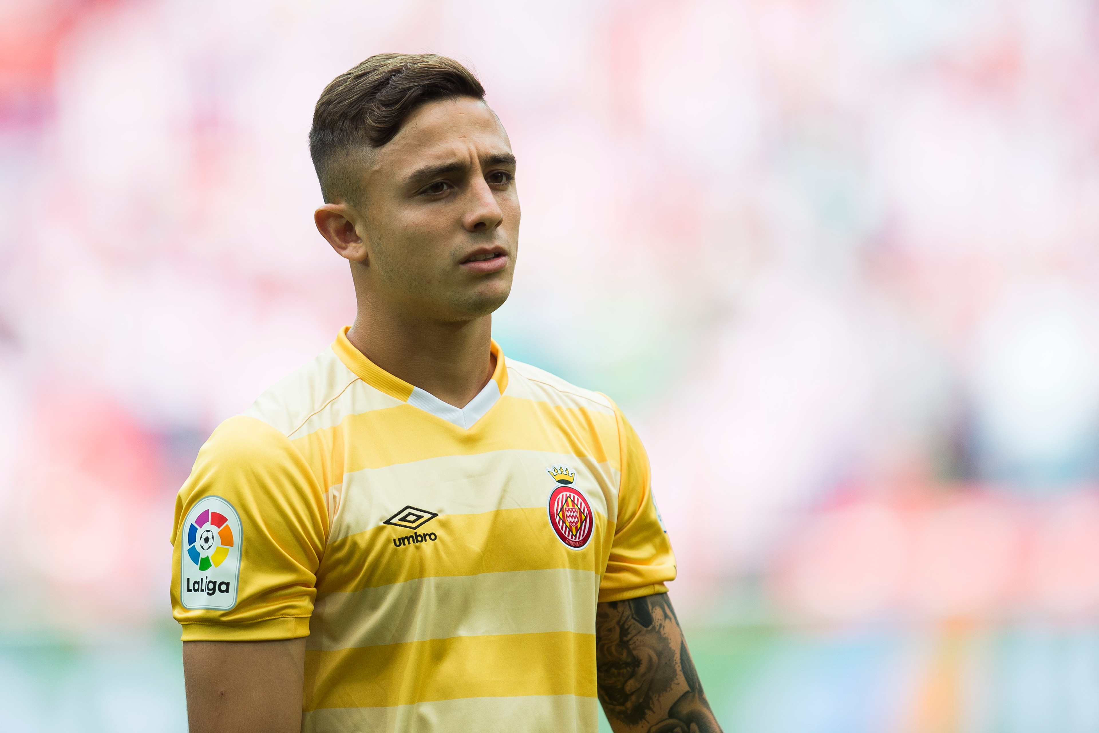 BILBAO, SPAIN - SEPTEMBER 10: Pablo Maffeo of Girona FC reacts during the La Liga match between Athletic Club and Girona at San Mames Stadium on September 10, 2017 in Bilbao, Spain. (Photo by Juan Manuel Serrano Arce/Getty Images)