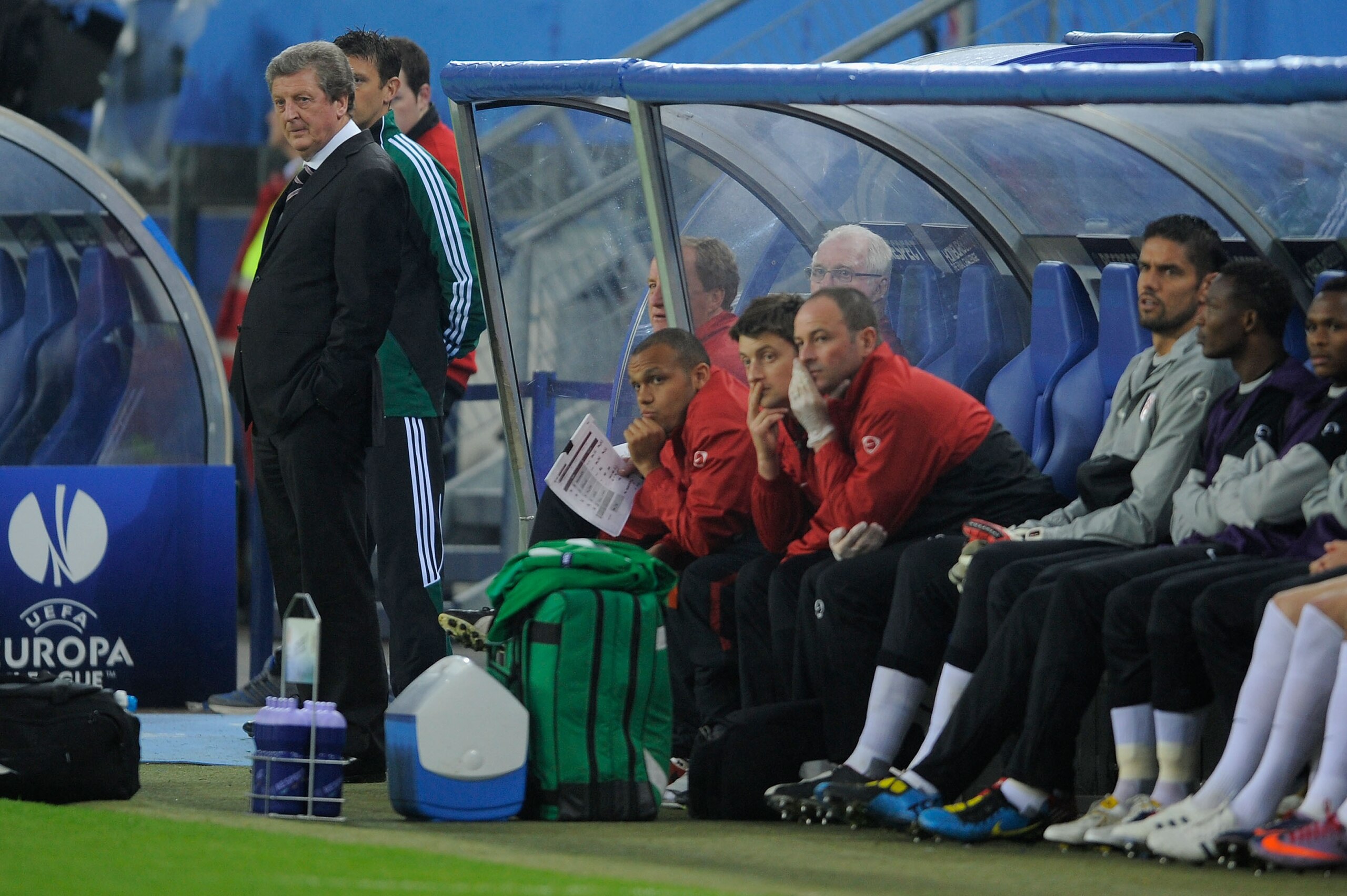 HAMBURG, GERMANY - MAY 12:  Head coach Roy Hodgson of Fulham looks on ahead of the UEFA Europa League final match between Atletico Madrid and Fulham at HSH Nordbank Arena on May 12, 2010 in Hamburg, Germany.  (Photo by Michael Regan/Getty Images)