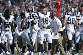 LOS ANGELES, CA - SEPTEMBER 10:  Cornerback Lamarcus Joyner #20 of the Los Angeles Rams is congratulated by Jared Goff #16 and head coach Sean McVay after intercepting a pass for a touchdown in the third quarter against the Indianapolis Colts at Los Angel