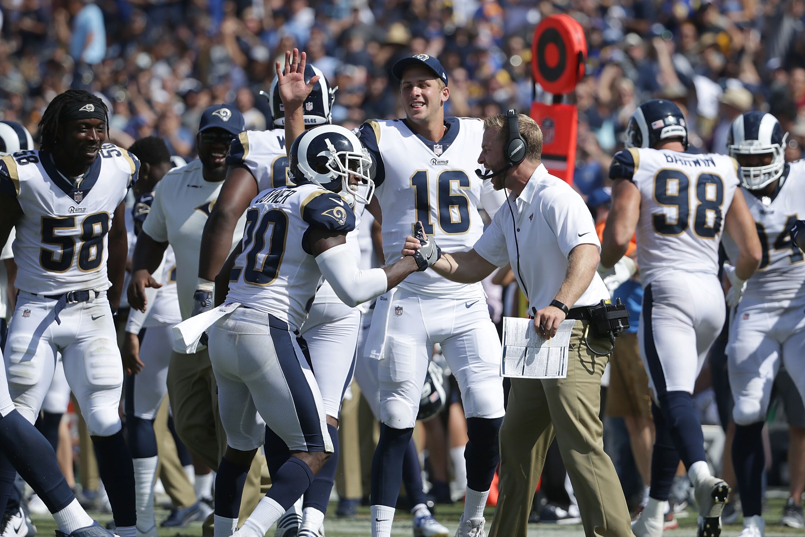 LOS ANGELES, CA - SEPTEMBER 10:  Cornerback Lamarcus Joyner #20 of the Los Angeles Rams is congratulated by Jared Goff #16 and head coach Sean McVay after intercepting a pass for a touchdown in the third quarter against the Indianapolis Colts at Los Angel