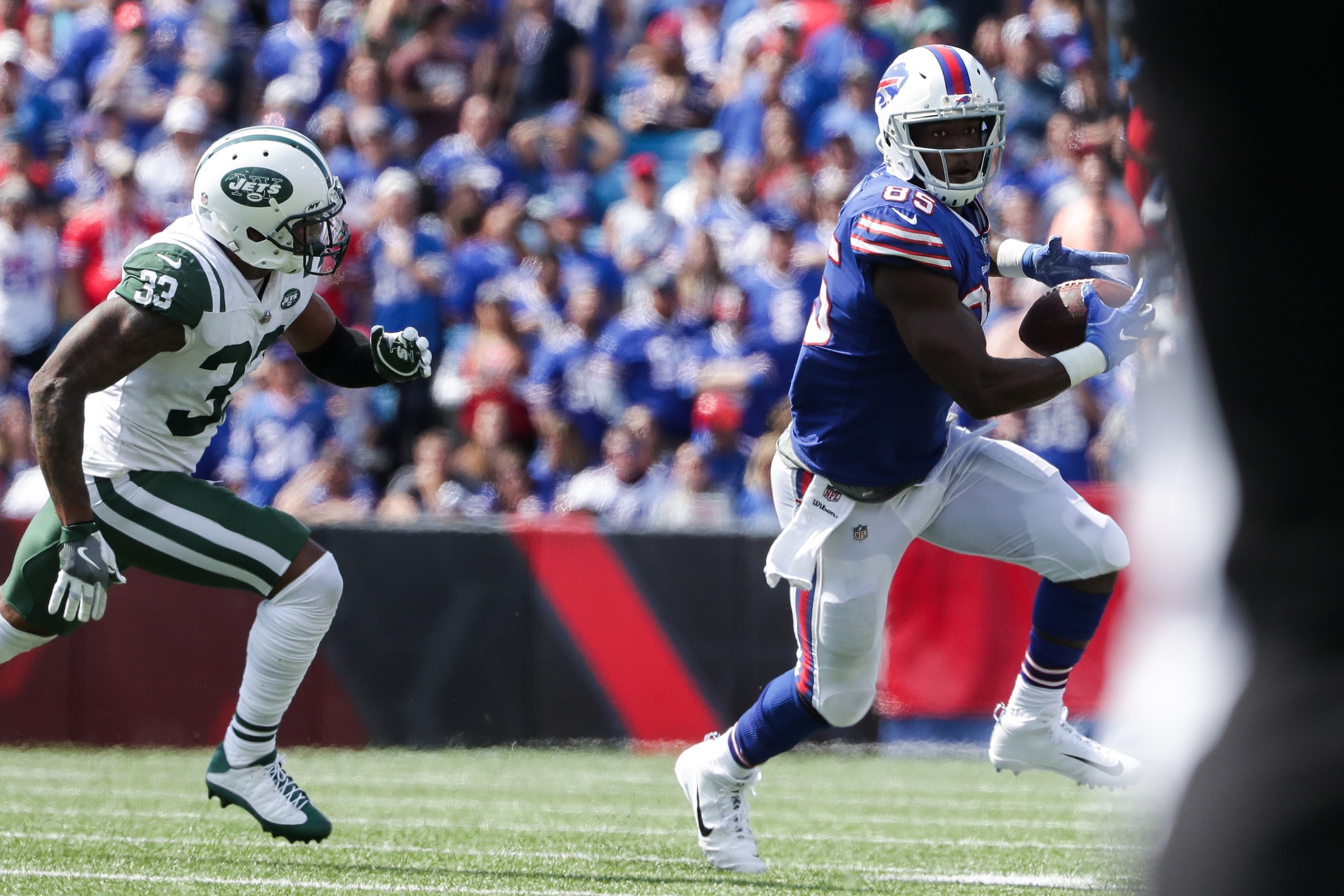 ORCHARD PARK, NY - SEPTEMBER 10:  Jamal Adams #33 of the New York Jets attempts to run down Charles Clay #85 of the Buffalo Bills during the first half on September 10, 2017 at New Era Field in Orchard Park, New York.  (Photo by Tom Szczerbowski/Getty Ima