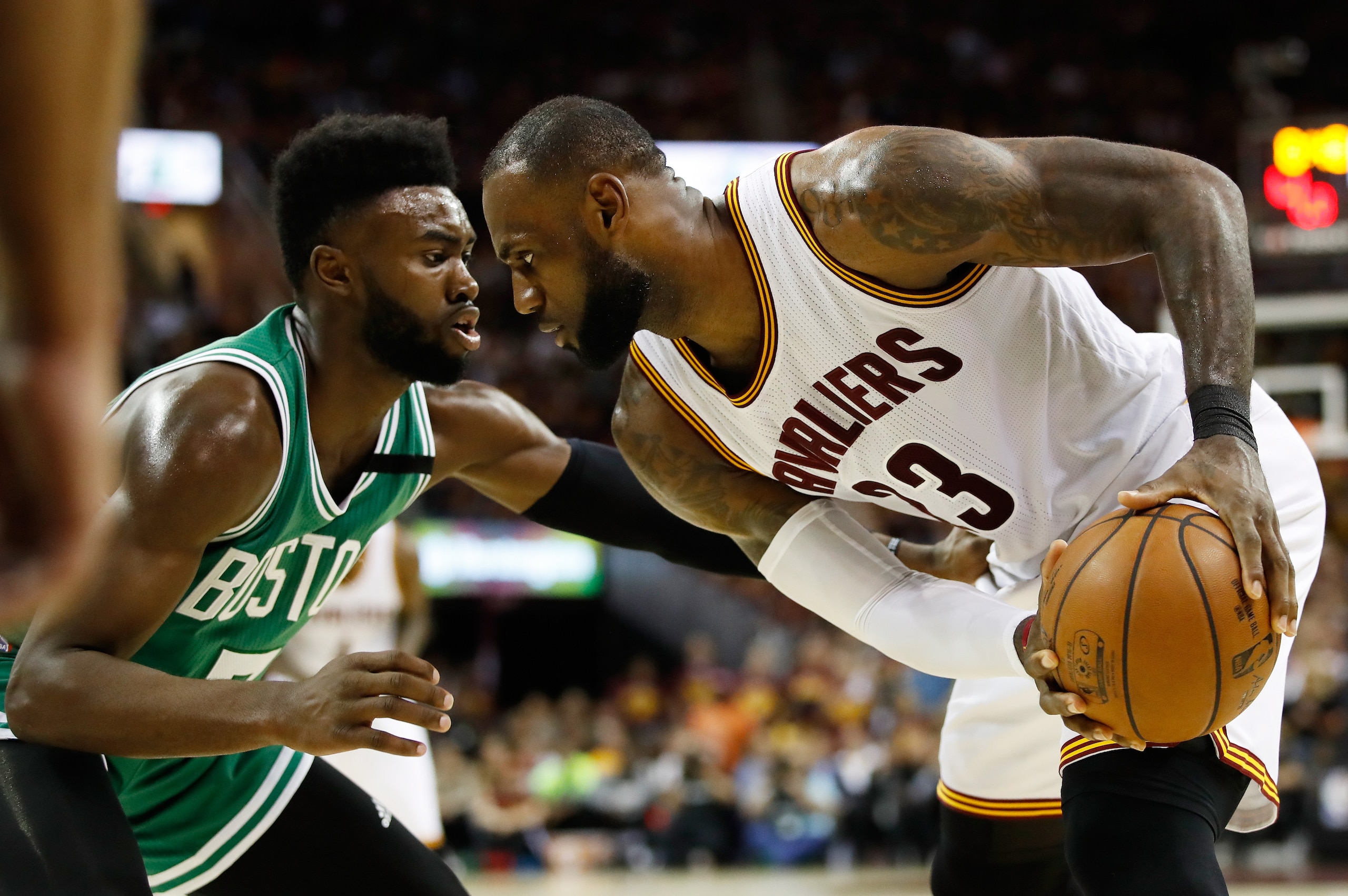 CLEVELAND, OH - MAY 23:  LeBron James #23 of the Cleveland Cavaliers controls the ball against Jaylen Brown #7 of the Boston Celtics in the fourth quarter during Game Four of the 2017 NBA Eastern Conference Finals at Quicken Loans Arena on May 23, 2017 in