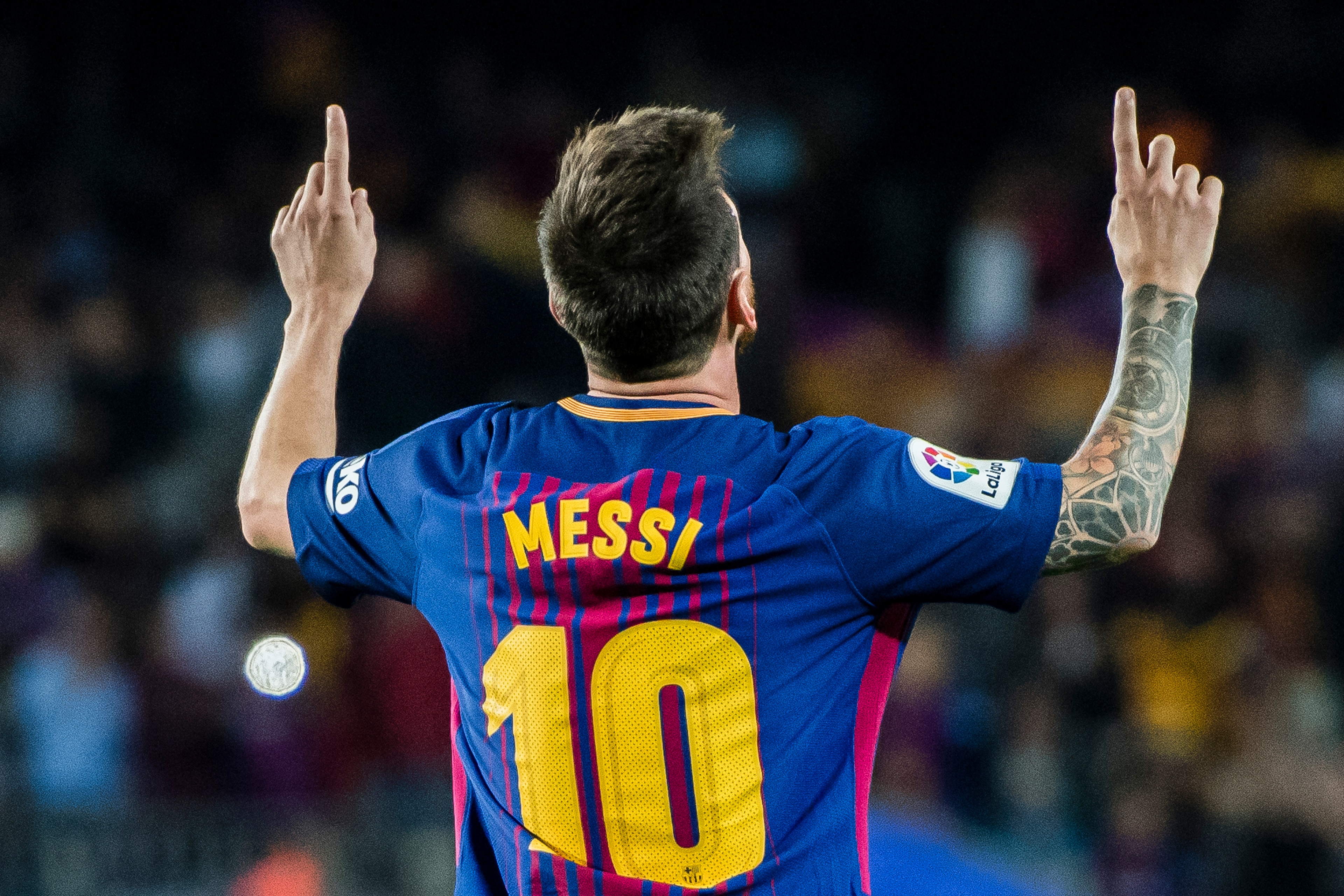 BARCELONA, SPAIN - SEPTEMBER 09: Lionel Andres Messi of FC Barcelona celebrates his hat trick during the La Liga match between FC Barcelona vs RCD Espanyol at the Camp Nou on 09 September 2017 in Barcelona, Spain. (Photo by Power Sport Images/Getty Images