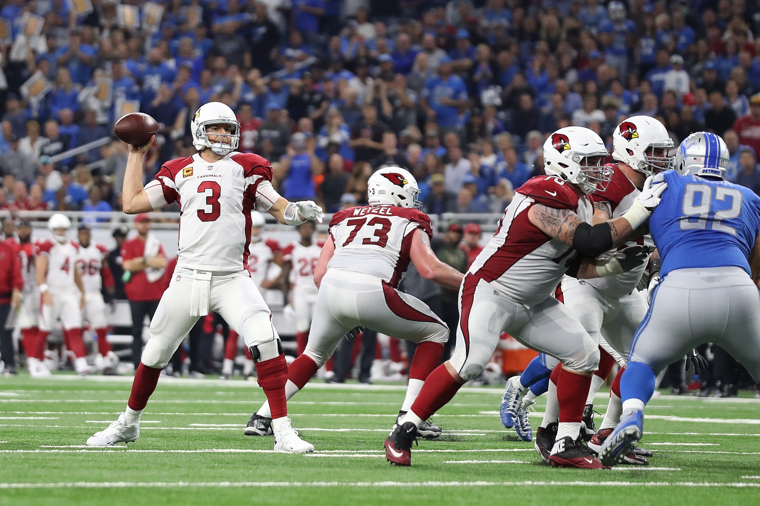 DETROIT, MI - SEPTEMBER 10: Carson Palmer #3 of the Arizona Cardinals drops back to pass during the third quarter of the game against the Detroit Lions at Ford Field on September 10, 2017 in Detroit, Michigan. Detroit defeated Arizona 35-23. (Photo by Leo
