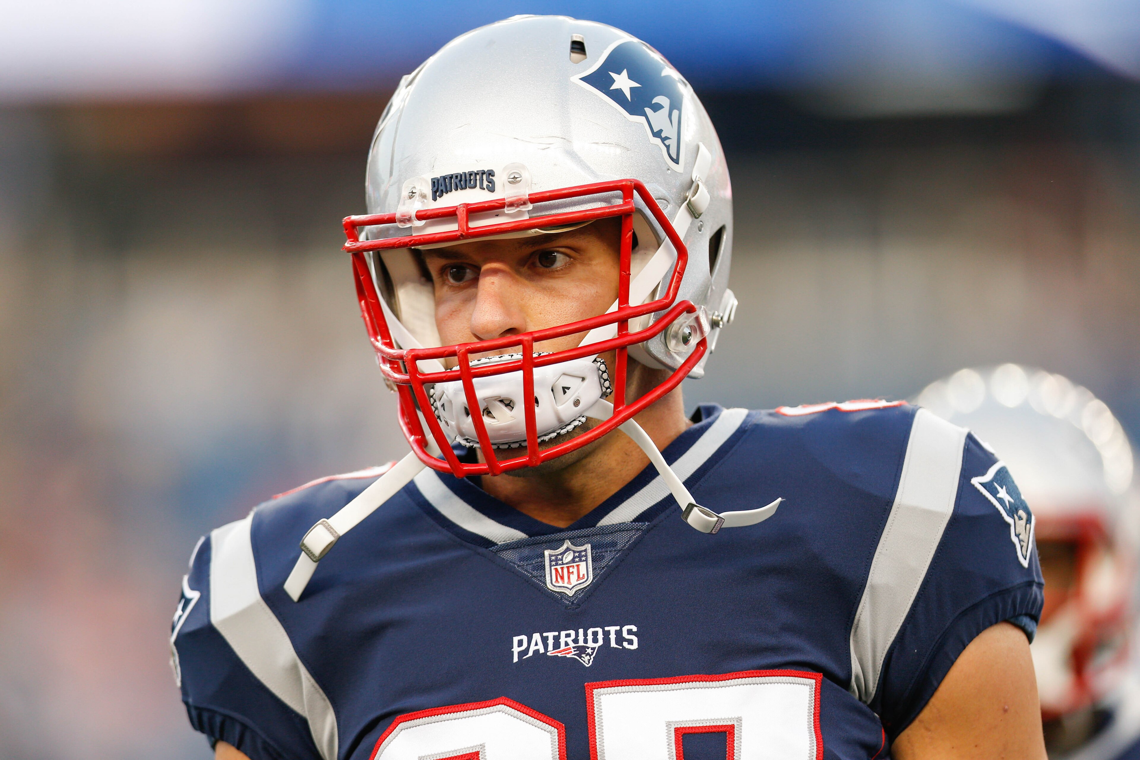 Aug 31, 2017; Foxborough, MA, USA; New England Patriots tight end Rob Gronkowski (87) before game against the New York Giants at Gillette Stadium. Mandatory Credit: Greg M. Cooper-USA TODAY Sports