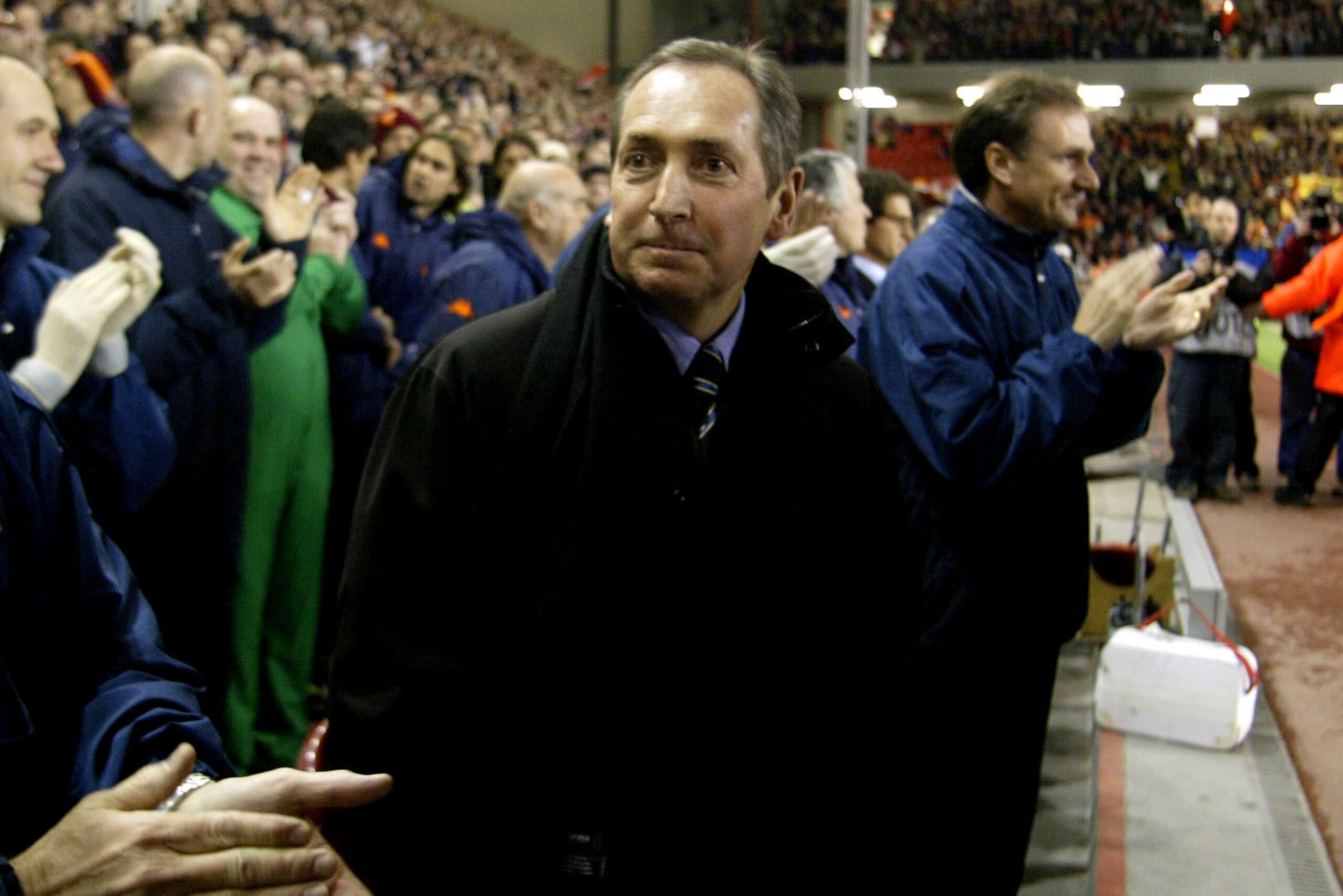 19 Mar 2002: Manager Gerard Houllier of Liverpool makes his return to Anfield during the Liverpool v AS Roma UEFA Champions League, Group B match at Anfield, Liverpool. DIGITAL IMAGE. Mandatory Credit: Gary M. Prior/Getty Images 19 Mar 2002: Manager Gerard Houllier of Liverpool makes his return to Anfield during the Liverpool v AS Roma UEFA Champions League, Group B match at Anfield, Liverpool. DIGITAL IMAGE. Mandatory Credit: Gary M. Prior/Getty Images