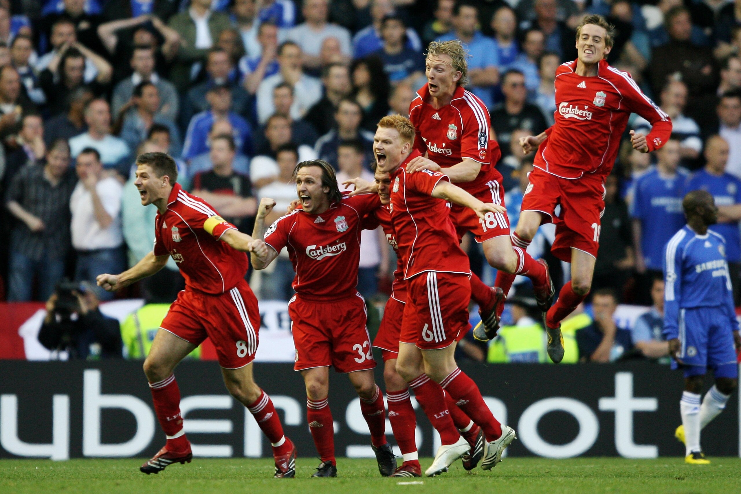LIVERPOOL, UNITED KINGDOM - MAY 01: Daniel Agger of Liverpool is mobbed by team mates after scoring the first goal of the game during the UEFA Champions League semi final second leg match between Liverpool and Chelsea at Anfield on May 1, 2007 in Liverpo LIVERPOOL, UNITED KINGDOM - MAY 01: Daniel Agger of Liverpool is mobbed by team mates after scoring the first goal of the game during the UEFA Champions League semi final second leg match between Liverpool and Chelsea at Anfield on May 1, 2007 in Liverpo