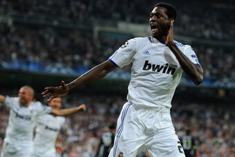 MADRID, SPAIN - APRIL 05:  Emmanuel Adebayor of Real Madrid celebrates scoring his second goal during the UEFA Champions League quarter final first leg match between Real Madrid and Tottenham Hotspur at Estadio Santiago Bernabeu on April 5, 2011 in Madrid
