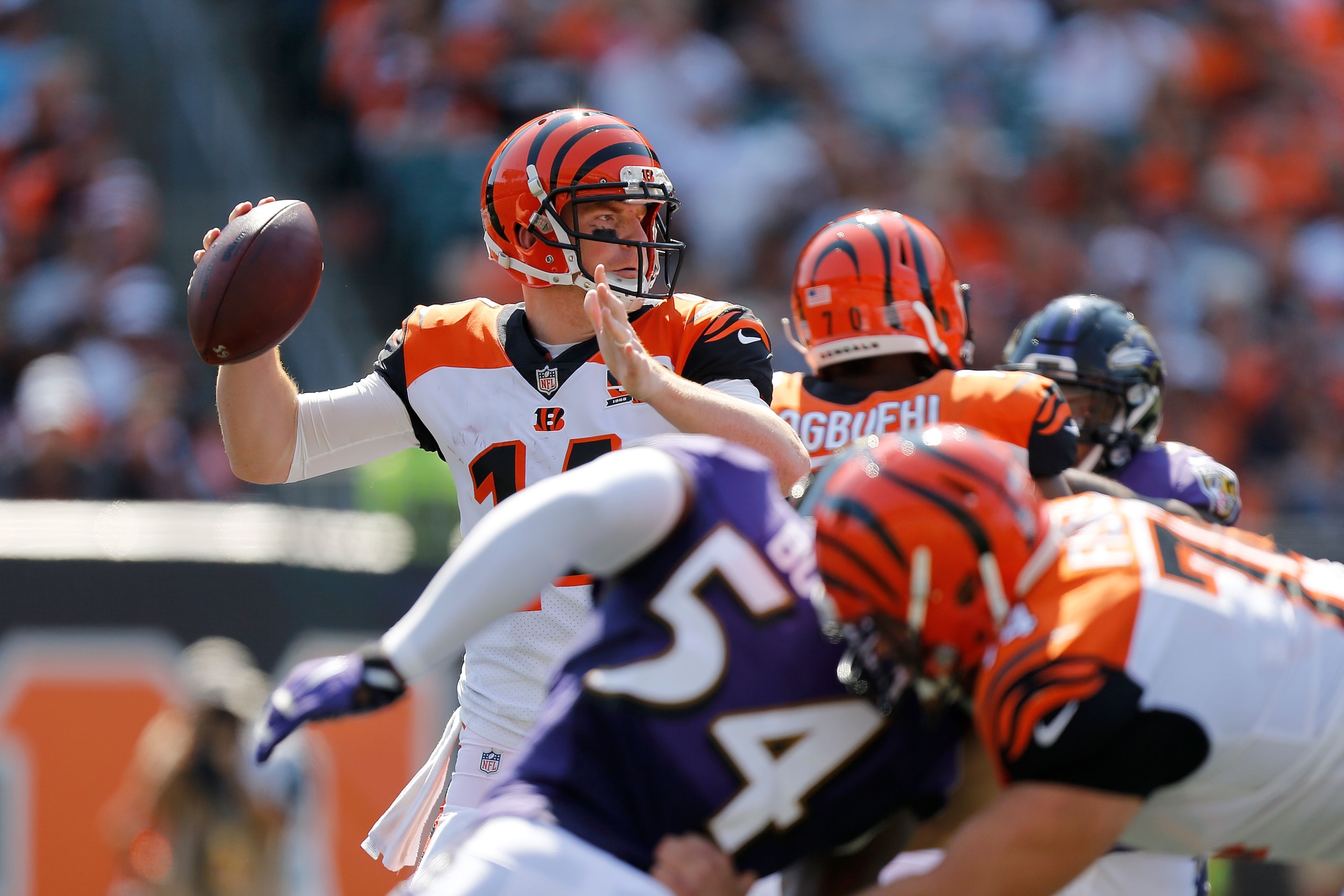 CINCINNATI, OH - SEPTEMBER 10: Andy Dalton #14 of the Cincinnati Bengals throws a pass during the fourth quarter of the game against the Baltimore Ravens at Paul Brown Stadium on September 10, 2017 in Cincinnati, Ohio. (Photo by Michael Reaves/Getty Imag CINCINNATI, OH - SEPTEMBER 10: Andy Dalton #14 of the Cincinnati Bengals throws a pass during the fourth quarter of the game against the Baltimore Ravens at Paul Brown Stadium on September 10, 2017 in Cincinnati, Ohio. (Photo by Michael Reaves/Getty Imag