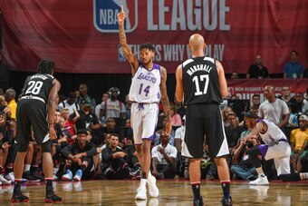 LAS VEGAS, NV - JULY 7:  Brandon Ingram #14 of the Los Angeles Lakers reacts against the Los Angeles Clippers on July 7, 2017 at the Thomas & Mack Center in Las Vegas, Nevada. NOTE TO USER: User expressly acknowledges and agrees that, by downloading and/o