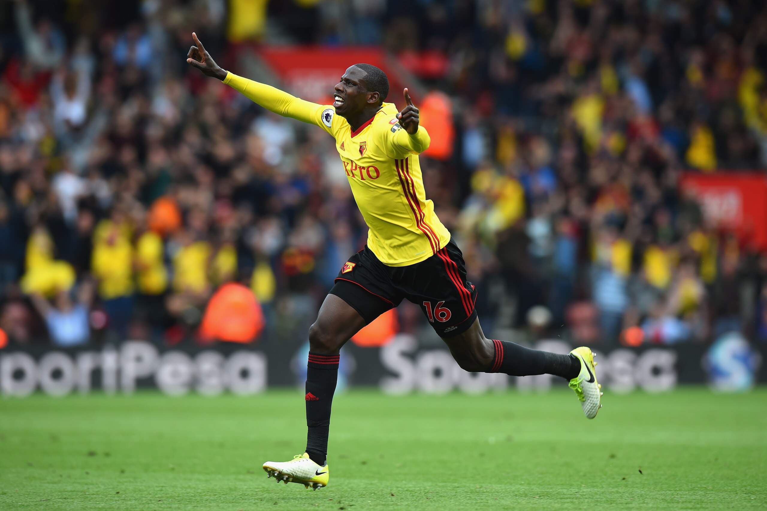 SOUTHAMPTON, ENGLAND - SEPTEMBER 09:  Abdoulaye Doucoure of Watford celebrates after scoring his sides first goal during the Premier League match between Southampton and Watford at St Mary's Stadium on September 9, 2017 in Southampton, England.  (Photo by