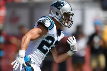 SANTA CLARA, CA - SEPTEMBER 10:  Christian McCaffrey #22 of the Carolina Panthers warms up during pregame warm ups prior to playing the San Francisco 49ers at Levi's Stadium on September 10, 2017 in Santa Clara, California.  (Photo by Thearon W. Henderson
