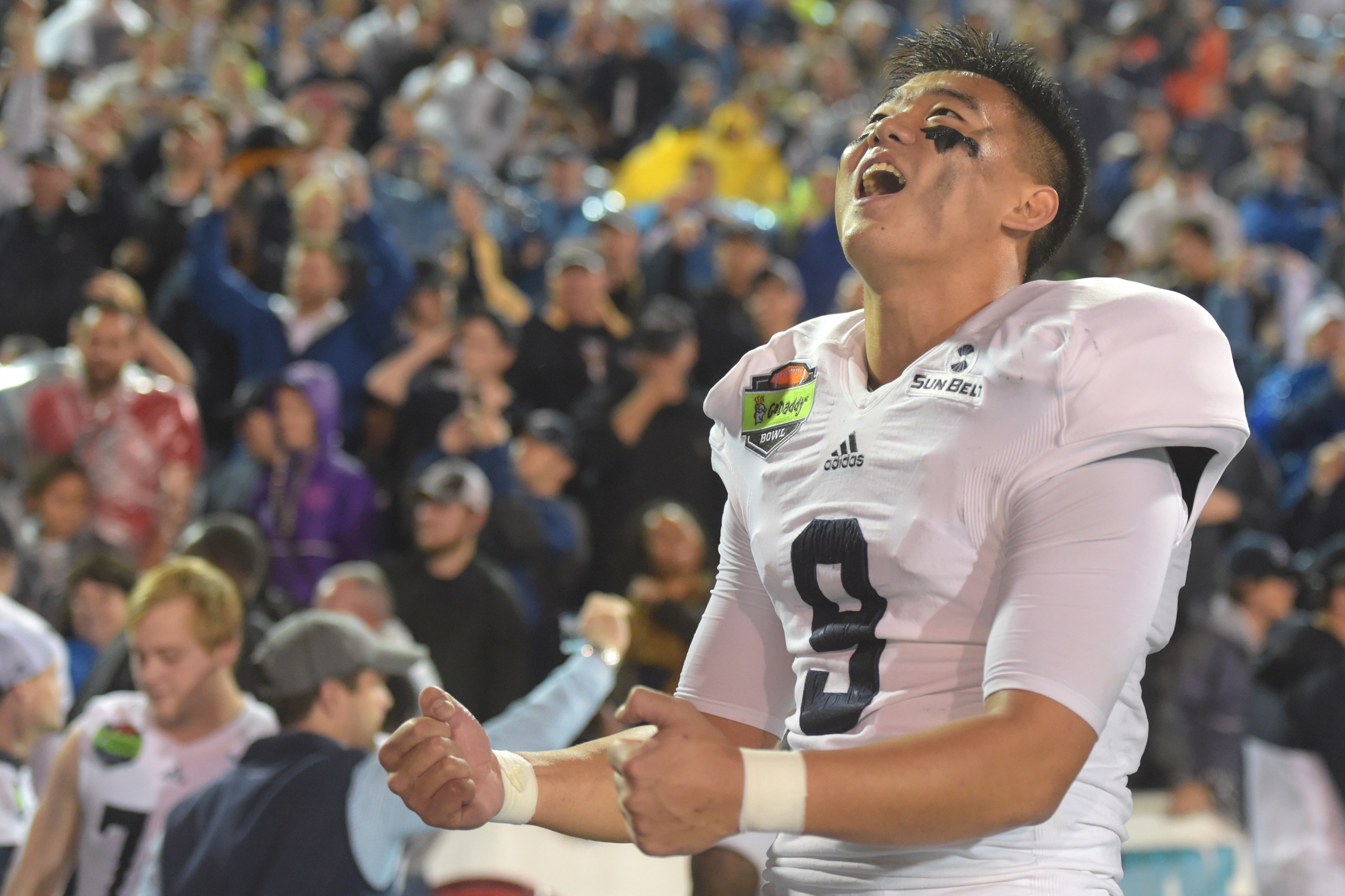 Dec 23, 2015; Mobile, AL, USA;  Georgia Southern Eagles place kicker Younghoe Koo (9) celebrate after defeating the Bowling Green Falcons in  the 2015 GoDaddy Bowl at Ladd-Peebles Stadium. Georgia Southern won 58-27. Mandatory Credit: Glenn Andrews-USA TO