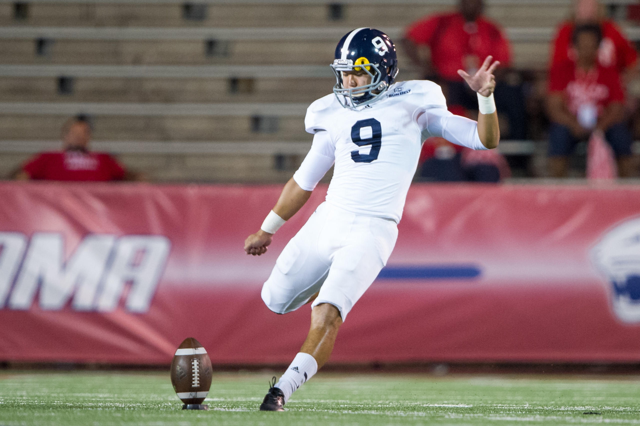 MOBILE, AL - SEPTEMBER 20: Place kicker Younghoe Koo #9 of the Georgia Southern Eagles kicks the ball off during their game against the South Alabama Jaguars on September 20, 2014 at Ladd-Peebles Stadium in Mobile, Alabama. The Georgia Southern Eagles def