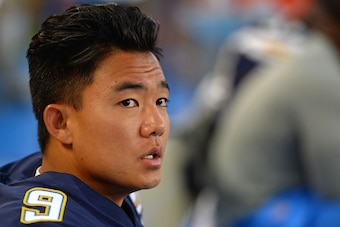 Aug 13, 2017; Carson, CA, USA; Los Angeles Chargers place kicker Younghoe Koo (9) looks on during the fourth quarter against the Seattle Seahawks at StubHub Center. Mandatory Credit: Jake Roth-USA TODAY Sports