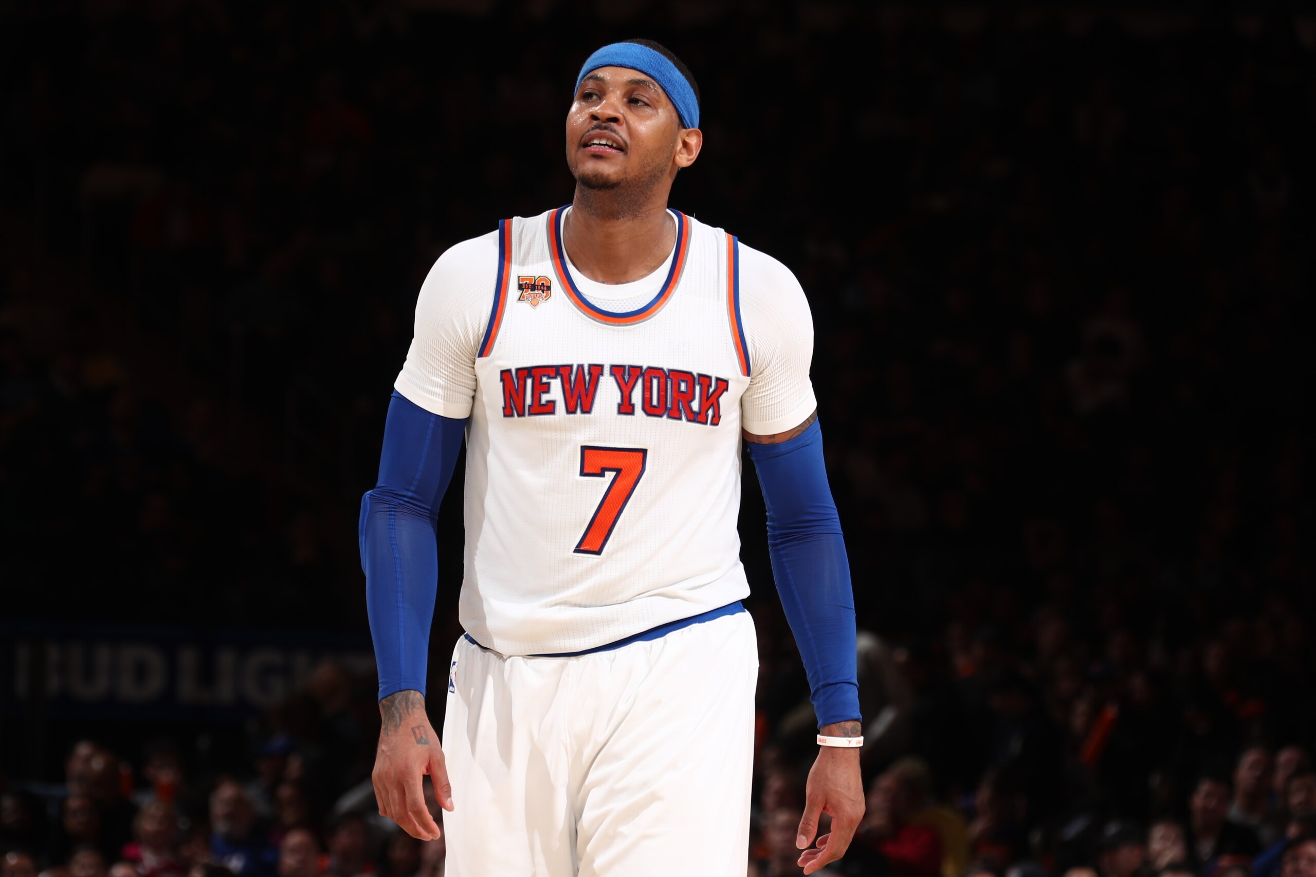NEW YORK, NY - JANUARY 21:  Carmelo Anthony #7 of the New York Knicks is seen against the Phoenix Suns on January 21, 2017 at Madison Square Garden in New York City on November 26, 2016.  NOTE TO USER: User expressly acknowledges and agrees that, by downl