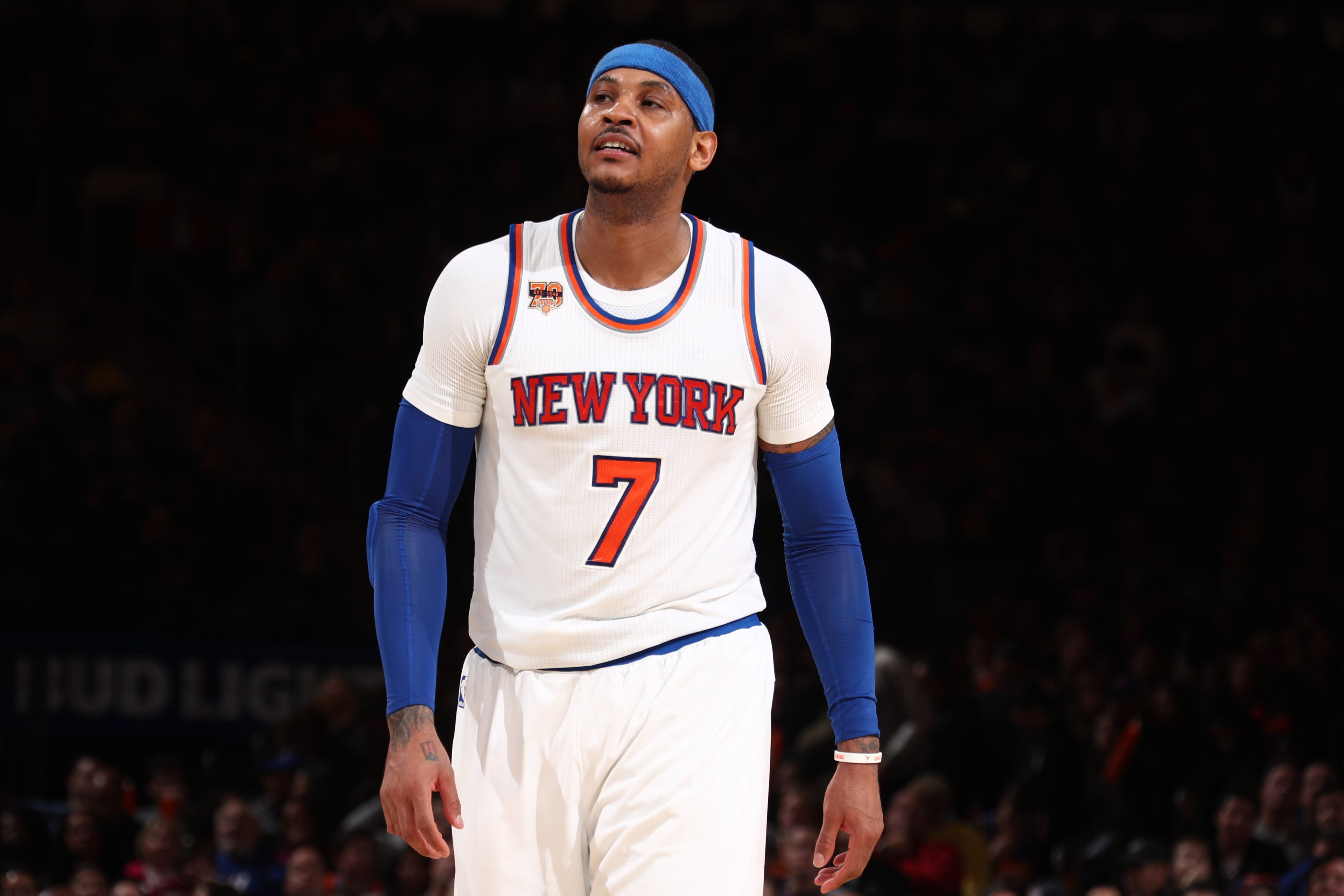 NEW YORK, NY - JANUARY 21:  Carmelo Anthony #7 of the New York Knicks is seen against the Phoenix Suns on January 21, 2017 at Madison Square Garden in New York City on November 26, 2016.  NOTE TO USER: User expressly acknowledges and agrees that, by downl