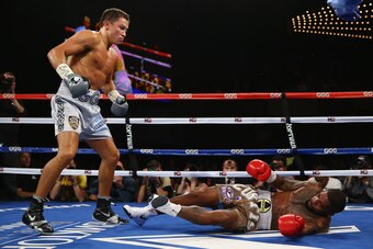 NEW YORK, NY - NOVEMBER 02:  Gennady Golovkin knocks down Curtis Stevens in the second round during their WBA Middleweight Title fight at The Theater at Madison Square Garden on November 2, 2013 in New York City.  (Photo by Al Bello/Getty Images)
