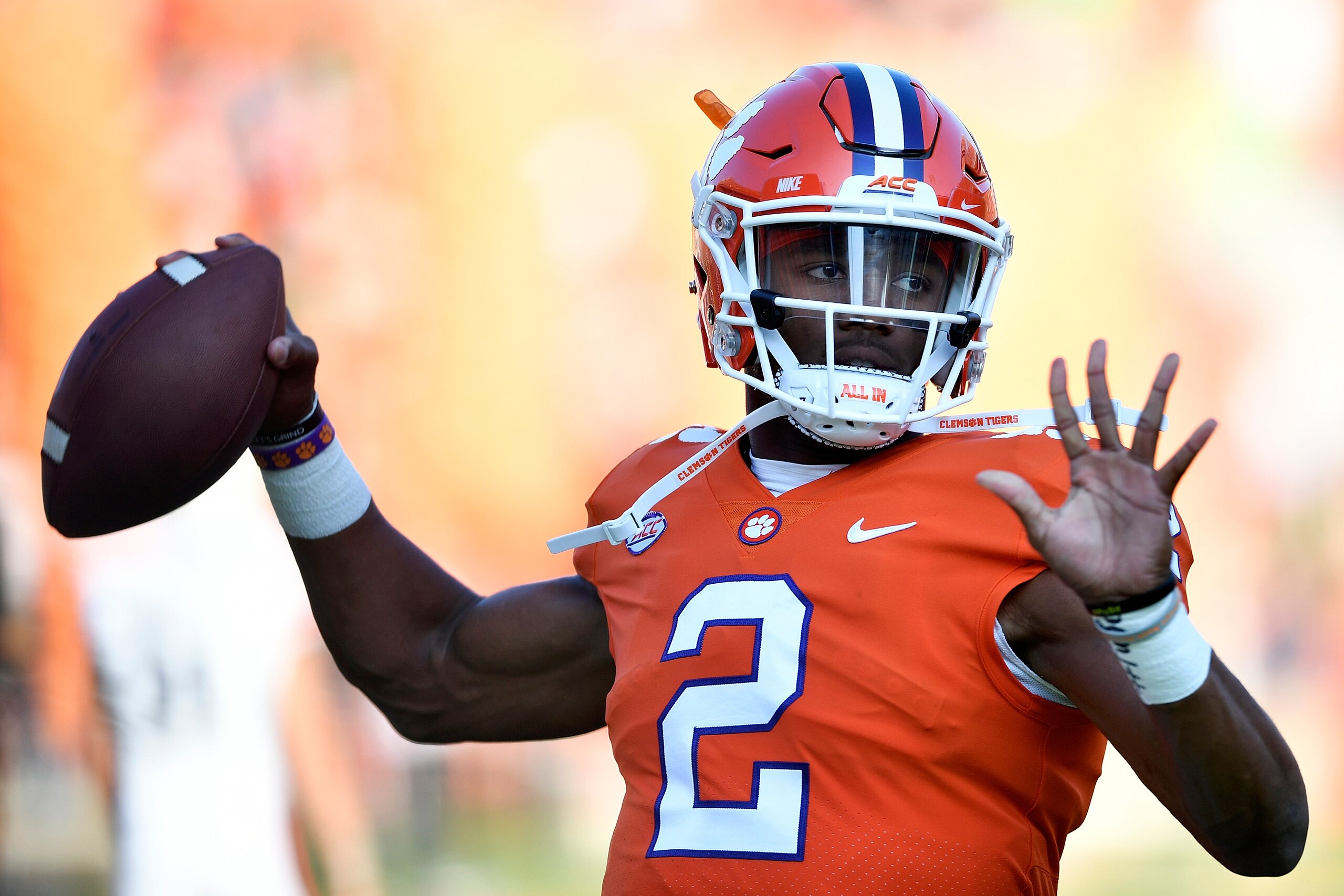 CLEMSON, SC - SEPTEMBER 09:  Quarterback Kelly Bryant #2 of the Clemson Tigers warms up prior to the Tigers' game against the Auburn Tigers at Memorial Stadium on September 9, 2017 in Clemson, South Carolina. (Photo by Mike Comer/Getty Images)