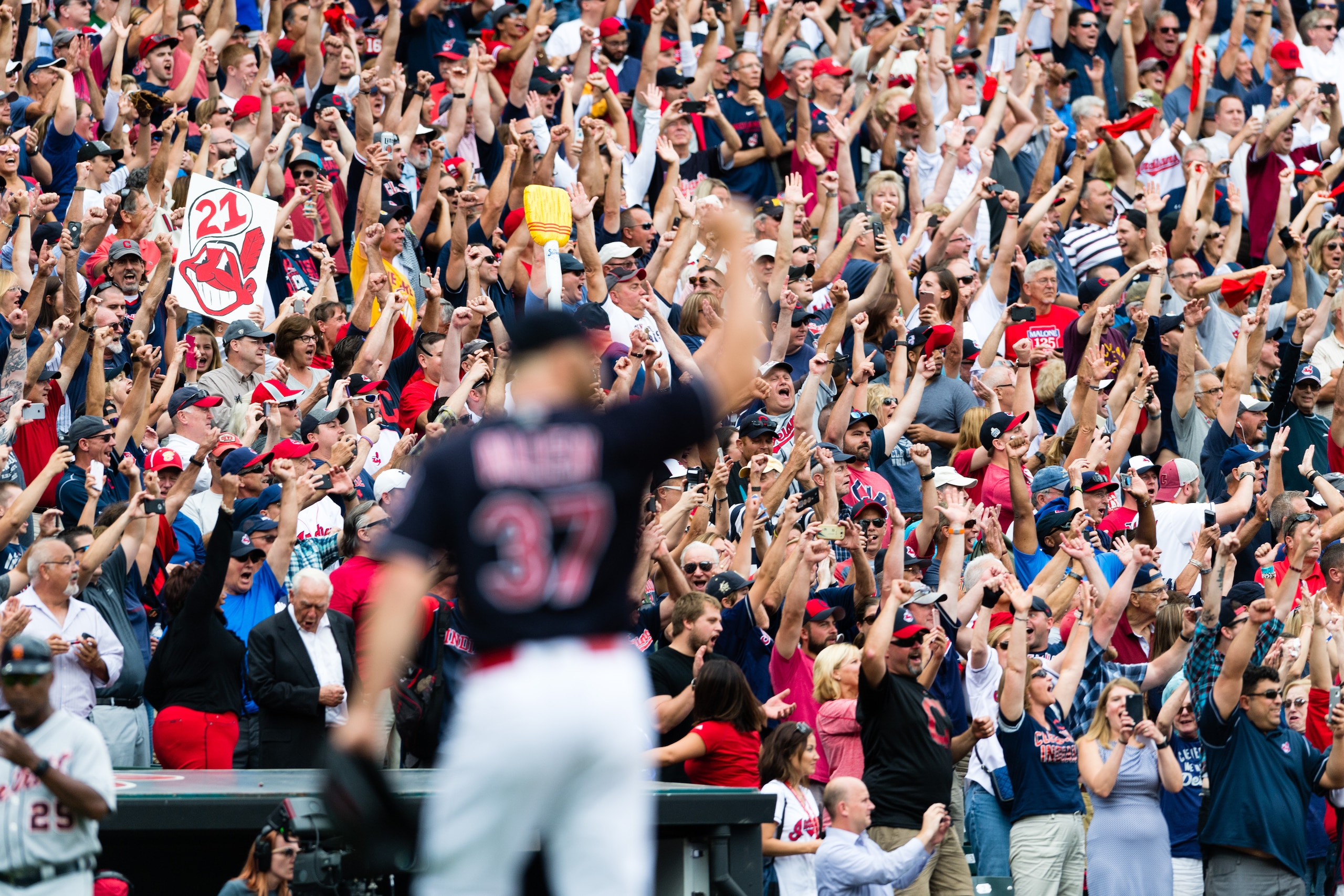 CLEVELAND, OH - SEPTEMBER 13: Closing pitcher Cody Allen #37 of the Cleveland Indians celebrates after the last out to defeat the Detroit Tigers at Progressive Field on September 13, 2017 in Cleveland, Ohio. The Indians defeated the Tigers for their 21st 