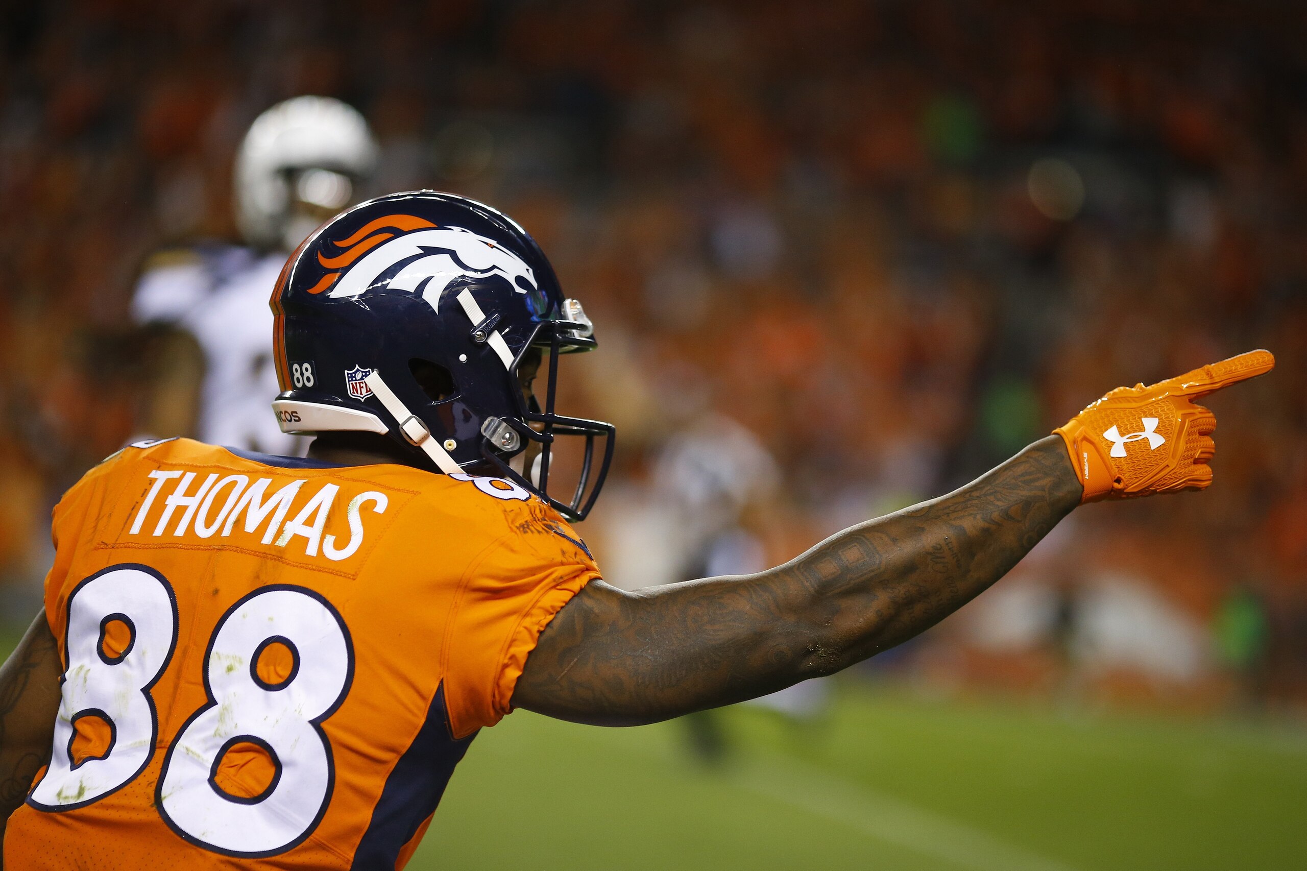 DENVER, CO - SEPTEMBER 11: Wide receiver Demaryius Thomas #88 of the Denver Broncos signals a first down in the third quarter of the game against the Los Angeles Chargers at Sports Authority Field at Mile High on September 11, 2017 in Denver, Colorado. ( DENVER, CO - SEPTEMBER 11: Wide receiver Demaryius Thomas #88 of the Denver Broncos signals a first down in the third quarter of the game against the Los Angeles Chargers at Sports Authority Field at Mile High on September 11, 2017 in Denver, Colorado. (