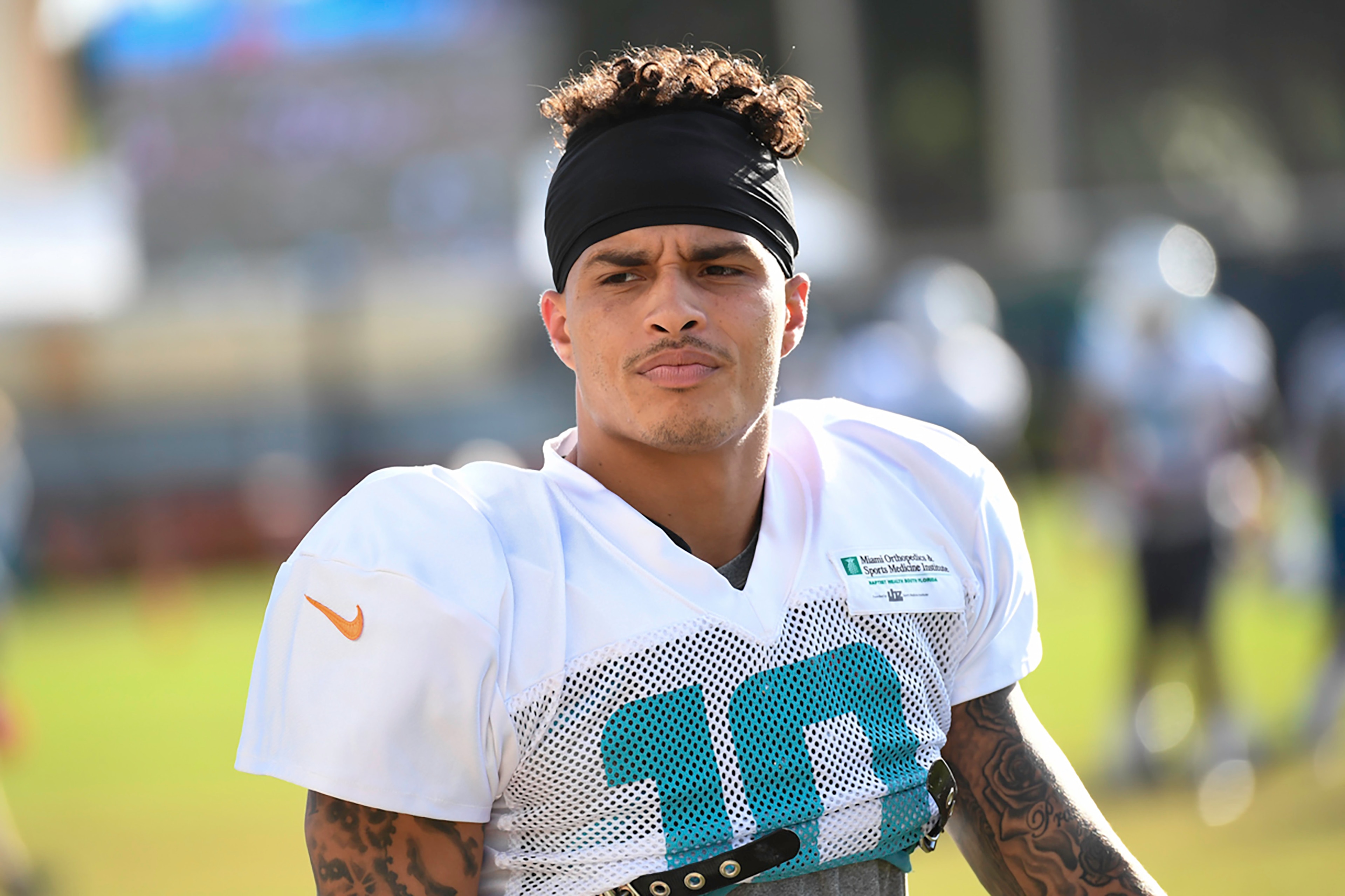 DAVIE, FL - AUGUST 08:  Kenny Stills #10 of the Miami Dolphins looks on during training camp on August 8, 2017 at the Miami Dolphins training facility in Davie, Florida.  (Photo by Ron Elkman/Sports Imagery/ Getty Images)