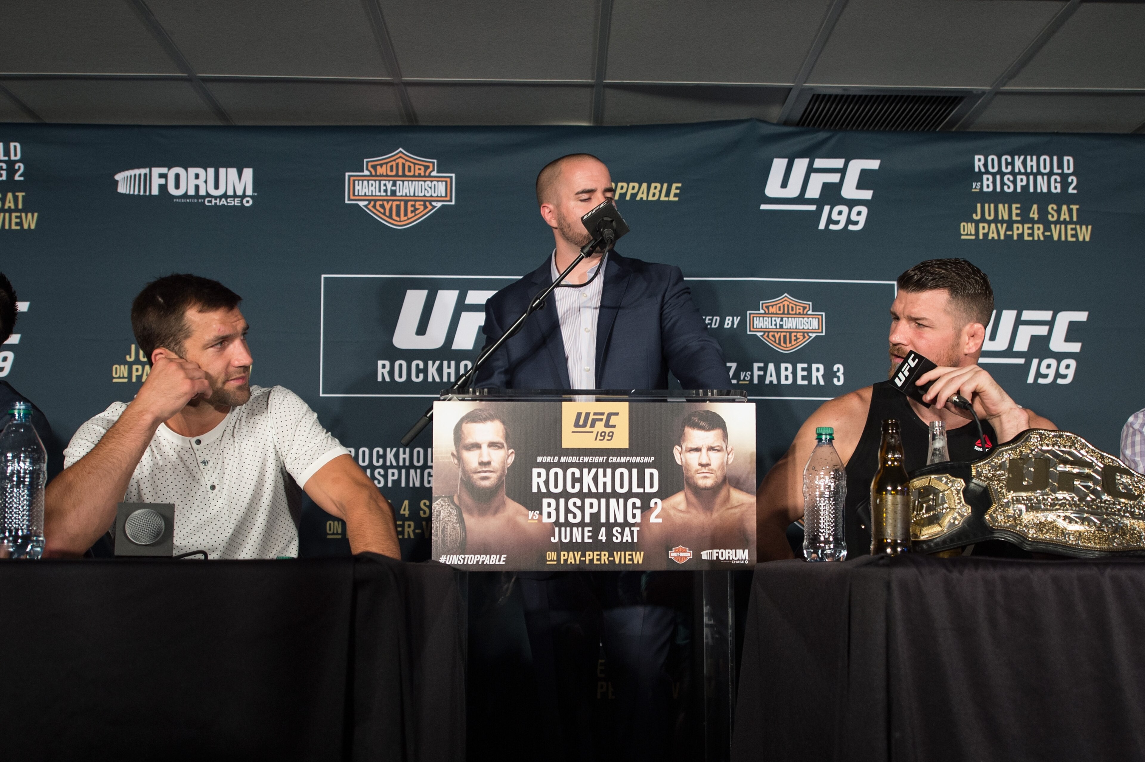 INGLEWOOD, CA - JUNE 04: (R-L) Michael Bisping insults Luke Rockhold during the post fight press conference after the UFC 199 event at The Forum on June 4, 2016 in Inglewood, California. (Photo by Brandon Magnus/Zuffa LLC/Zuffa LLC via Getty Images) INGLEWOOD, CA - JUNE 04: (R-L) Michael Bisping insults Luke Rockhold during the post fight press conference after the UFC 199 event at The Forum on June 4, 2016 in Inglewood, California. (Photo by Brandon Magnus/Zuffa LLC/Zuffa LLC via Getty Images)
