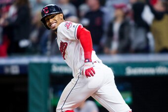 Sep 10, 2017; Cleveland, OH, USA; Cleveland Indians shortstop Francisco Lindor (12) looks back to the dugout after hitting a solo home run against the Baltimore Orioles during the sixth inning at Progressive Field. Mandatory Credit: Scott R. Galvin-USA TO