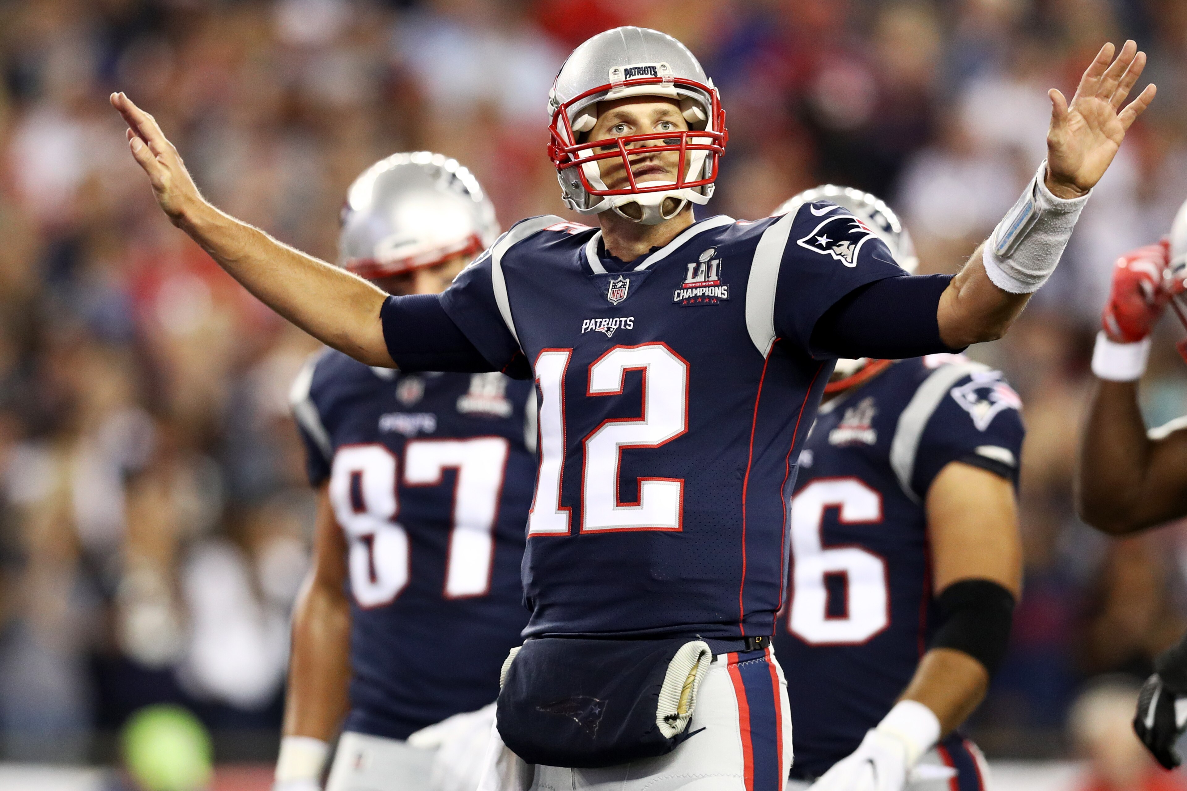 BOSTON, MA - SEPTEMBER 7: Tom Brady #12 of the New England Patriots quiets the crowd during the game against the Kansas City Chiefs at Gillette Stadium on September 7, 2017 in Foxboro, Massachusetts. (Photo by Maddie Meyer/Getty Images)