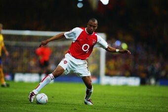 CARDIFF - MAY 17:  Gilberto Silva of Arsenal takes control of the ball during the FA Cup Final between Arsenal and Southampton on May 17, 2003 at the Millennium Stadium in Cardiff, Wales.  Arsenal won the match and the FA Cup 1-0.  (Photo by Mike Hewitt/G
