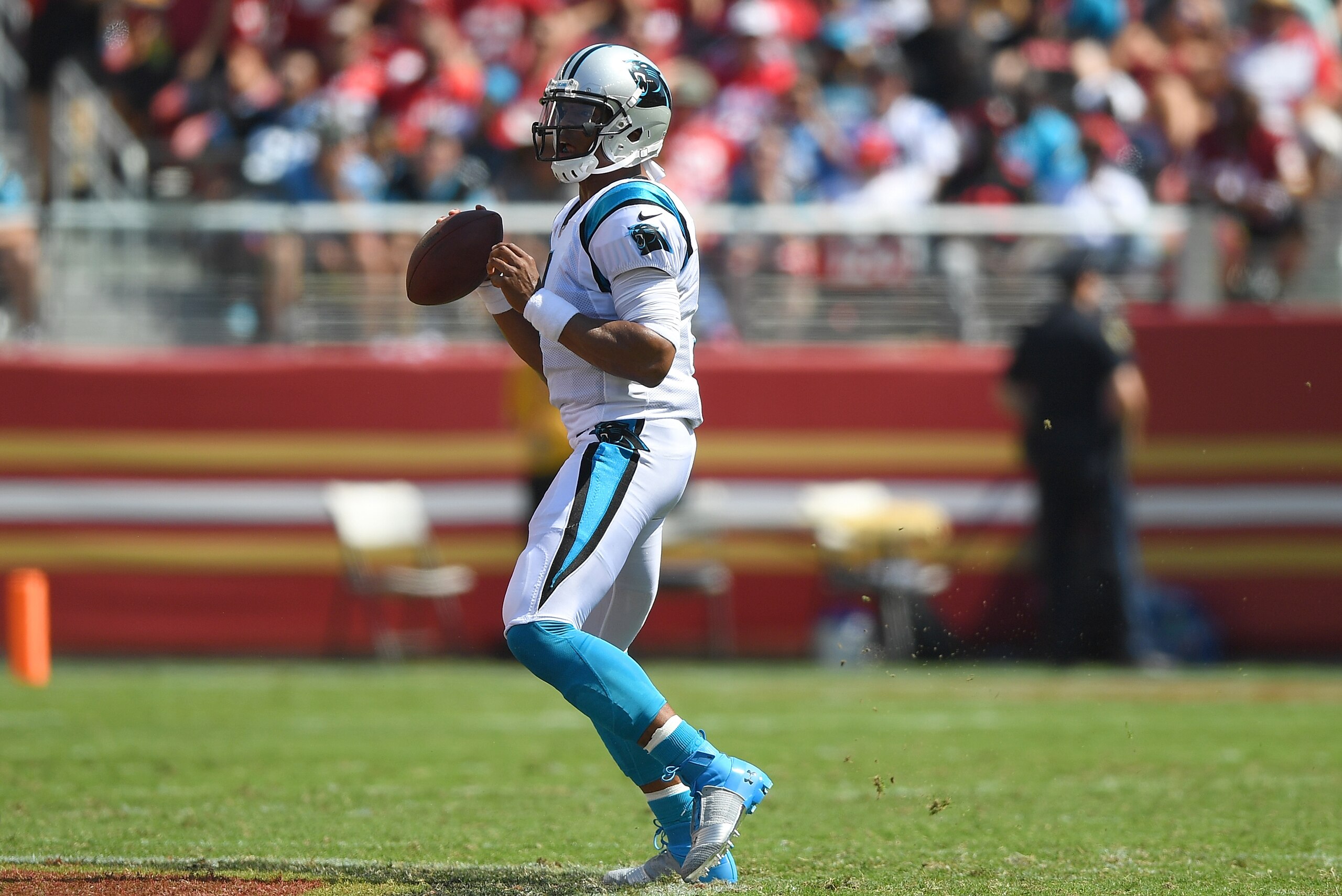 SANTA CLARA, CA - SEPTEMBER 10:  Cam Newton #1 of the Carolina Panthers looks to pass against the San Francisco 49ers during the second quarter of their NFL football game at Levi's Stadium on September 10, 2017 in Santa Clara, California.  (Photo by Thear