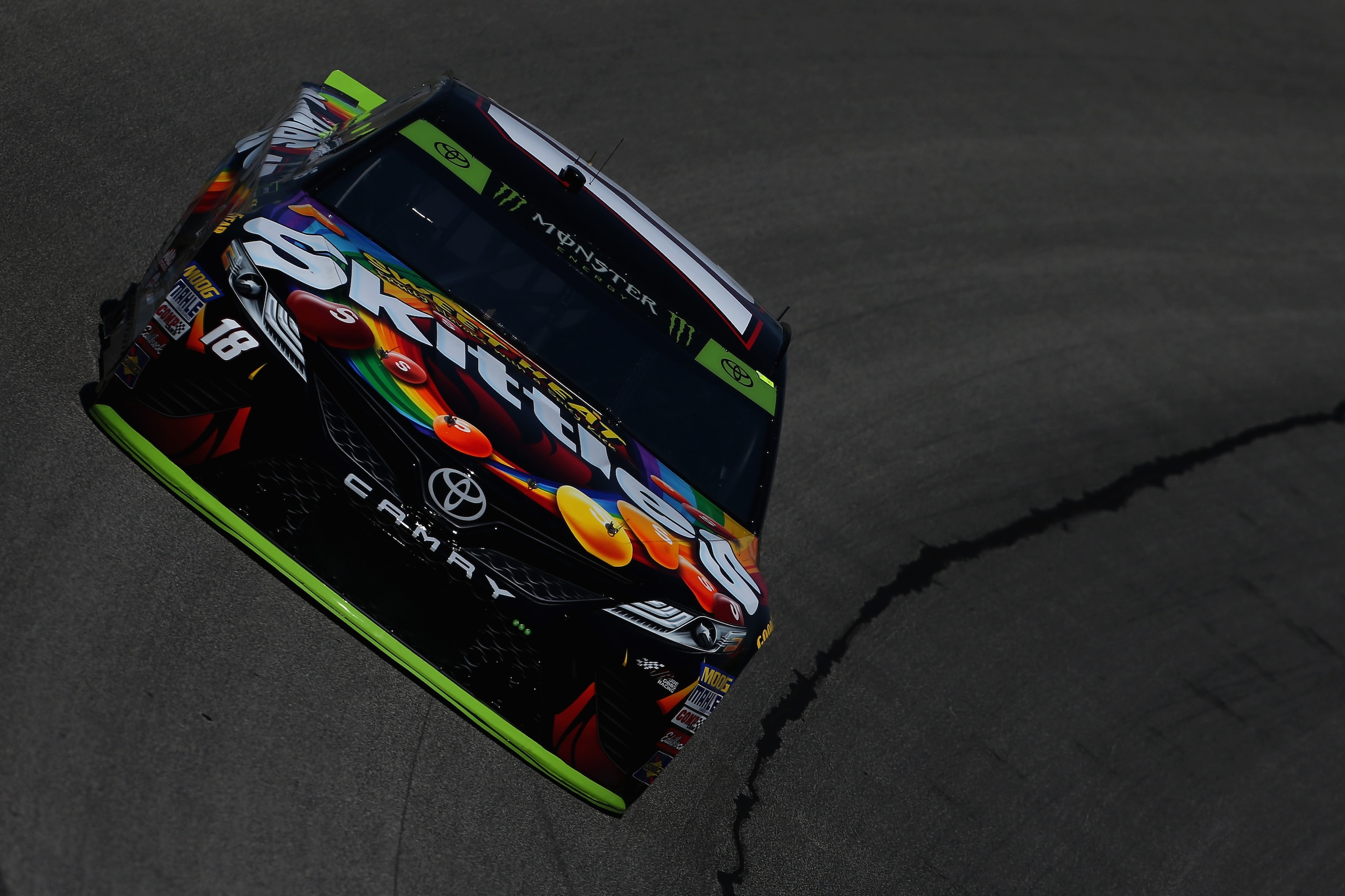 JOLIET, IL - SEPTEMBER 15:  Kyle Busch, driver of the #18 Skittles Sweet Heat Toyota, practices for the Monster Energy NASCAR Cup Series Tales of the Turtles 400 at Chicagoland Speedway on September 15, 2017 in Joliet, Illinois.  (Photo by Sean Gardner/Ge