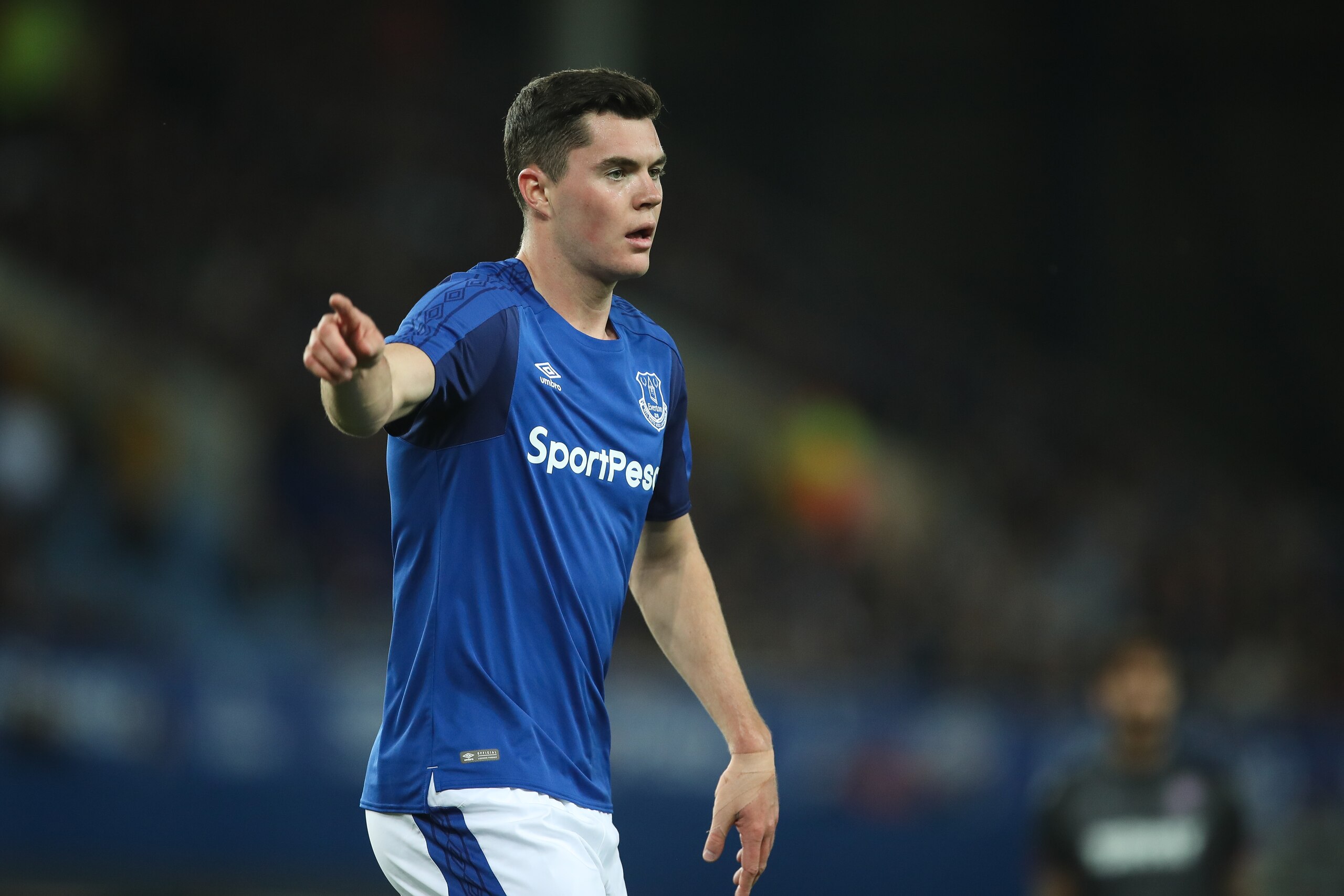 LIVERPOOL, ENGLAND - AUGUST 17: Michael Keane of Everton during the UEFA Europa League Qualifying Play-Offs round first leg match between Everton FC and Hajduk Split at Goodison Park on August 17, 2017 in Liverpool, United Kingdom. (Photo by Robbie Jay Ba