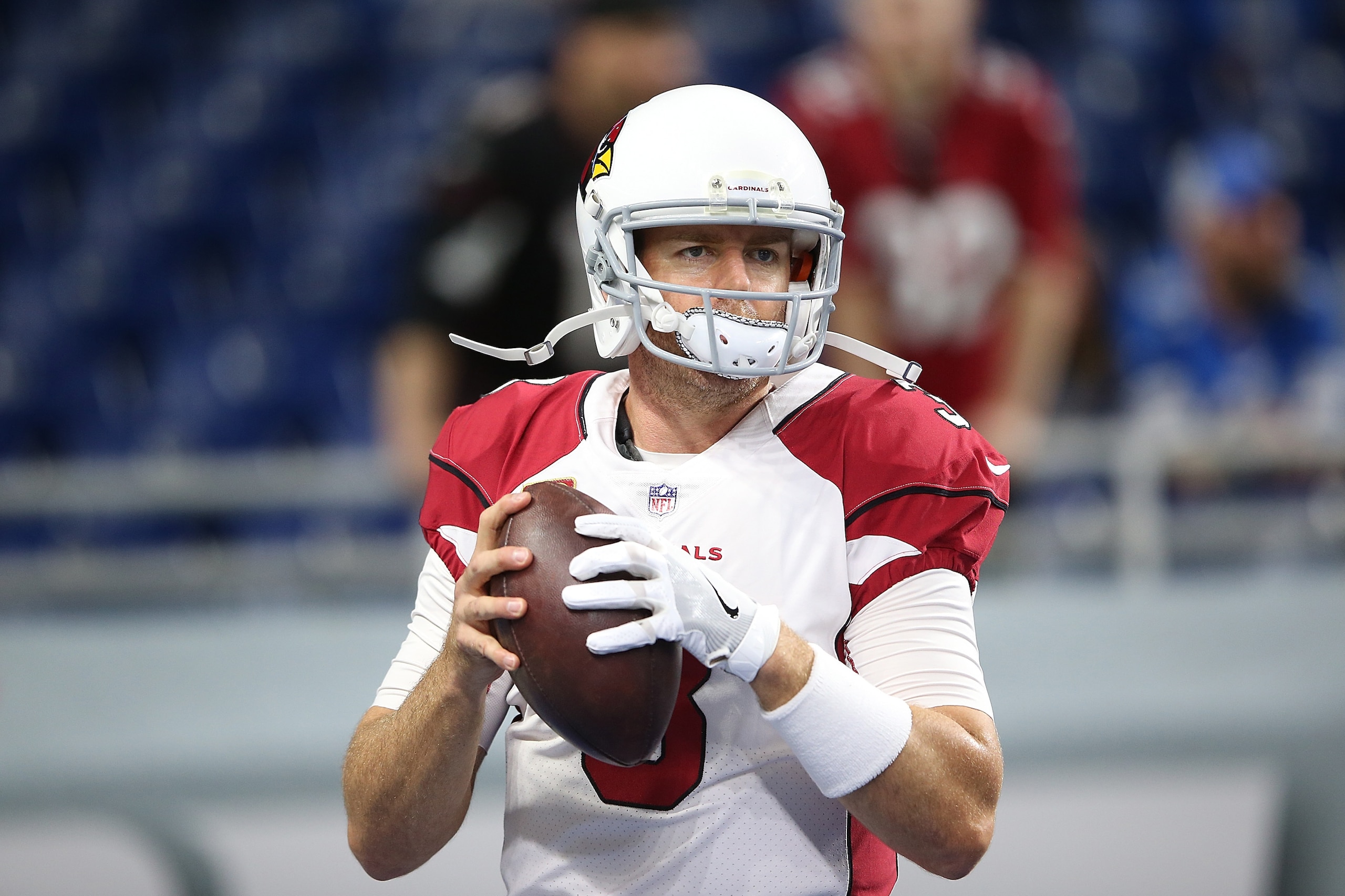 DETROIT, MI - SEPTEMBER 10: Carson Palmer #3 of the Arizona Cardinals warms up prior to the start of the game against the Detroit Lions at Ford Field on September 10, 2017 in Detroit, Michigan. Detroit defeated Arizona 35-23. (Photo by Leon Halip/Getty Im