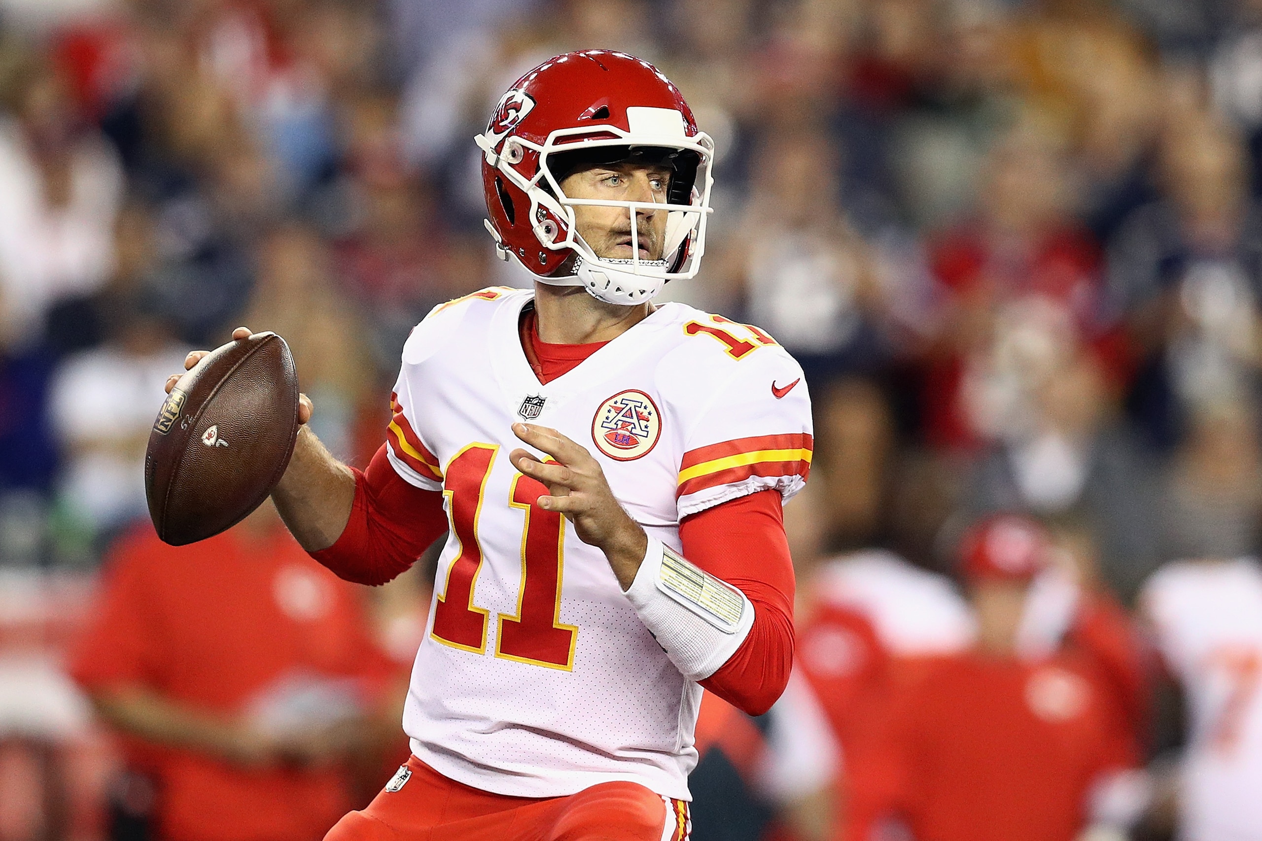FOXBORO, MA - SEPTEMBER 07:  Alex Smith #11 of the Kansas City Chiefs looks to pass during the first half against the New England Patriots at Gillette Stadium on September 7, 2017 in Foxboro, Massachusetts.  (Photo by Maddie Meyer/Getty Images)