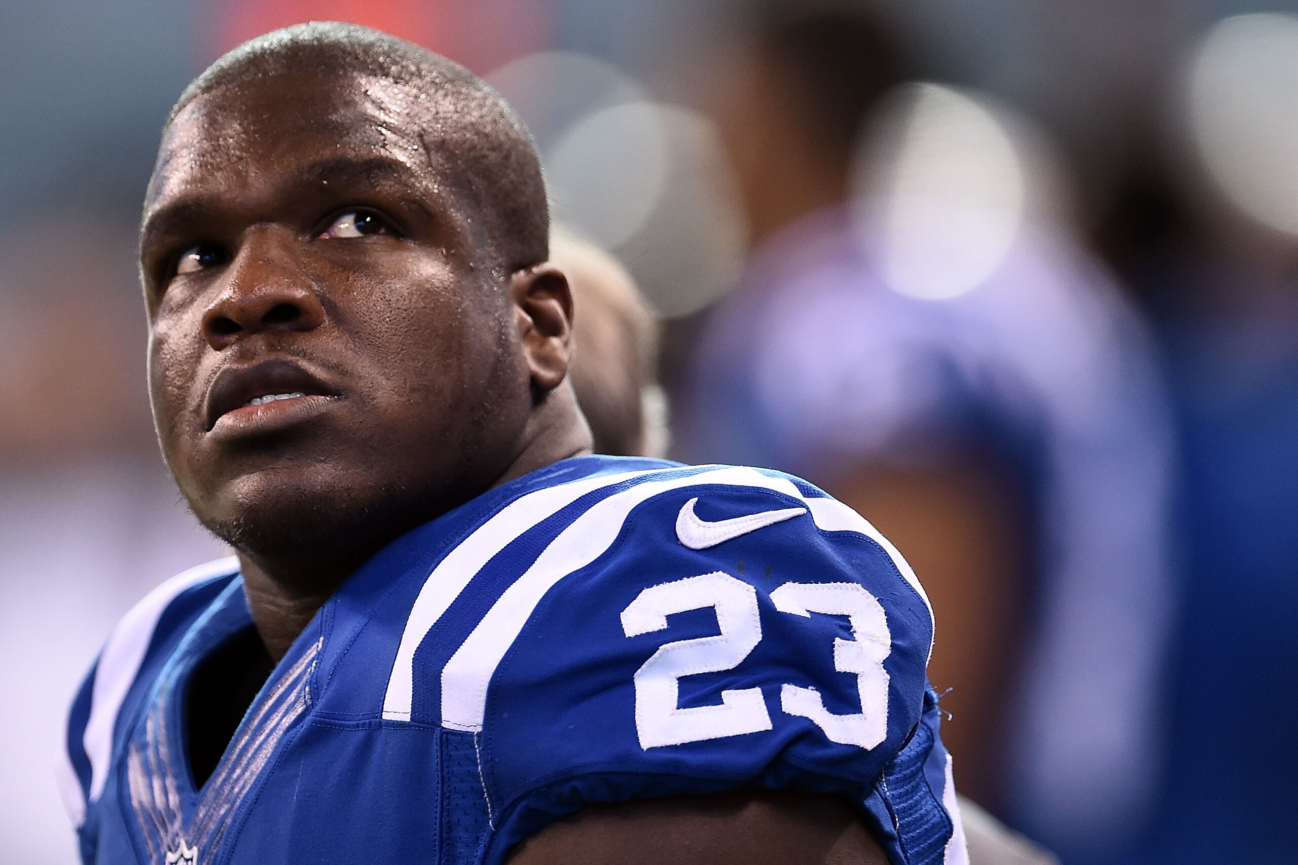 INDIANAPOLIS, IN - JANUARY 01:  Frank Gore #23 of the Indianapolis Colts watches action during a game against the Jacksonville Jaguars at Lucas Oil Stadium on January 1, 2017 in Indianapolis, Indiana.  The Colts defeated the Jaguars 24-20.  (Photo by Stac