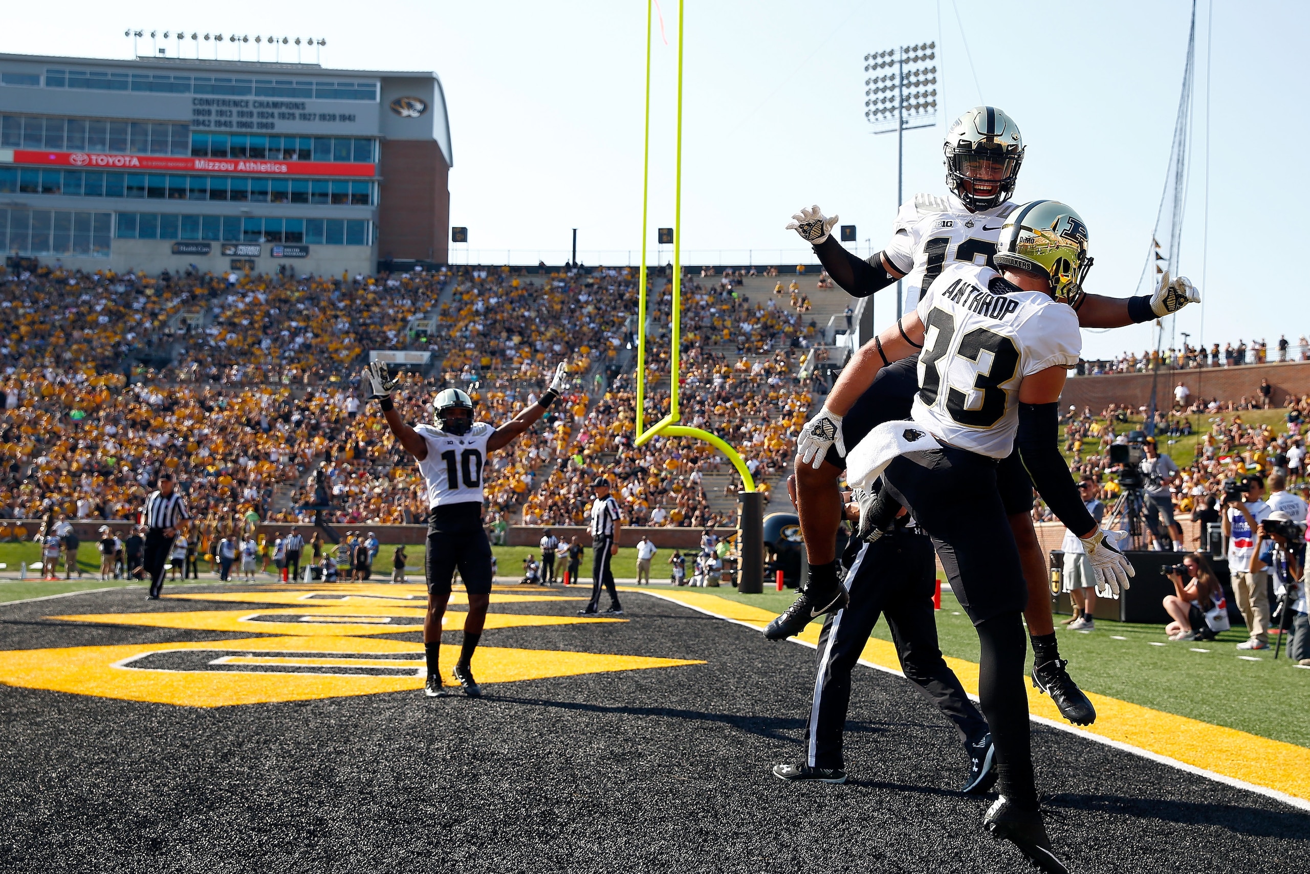 COLUMBIA, MO - SEPTEMBER 16:  Wide receiver Jackson Anthrop #33 of the Purdue Boilermakers celebrates with teammates after making a catch for a touchdown during the 1st half of the game against the Missouri Tigers at Faurot Field/Memorial Stadium on Septe