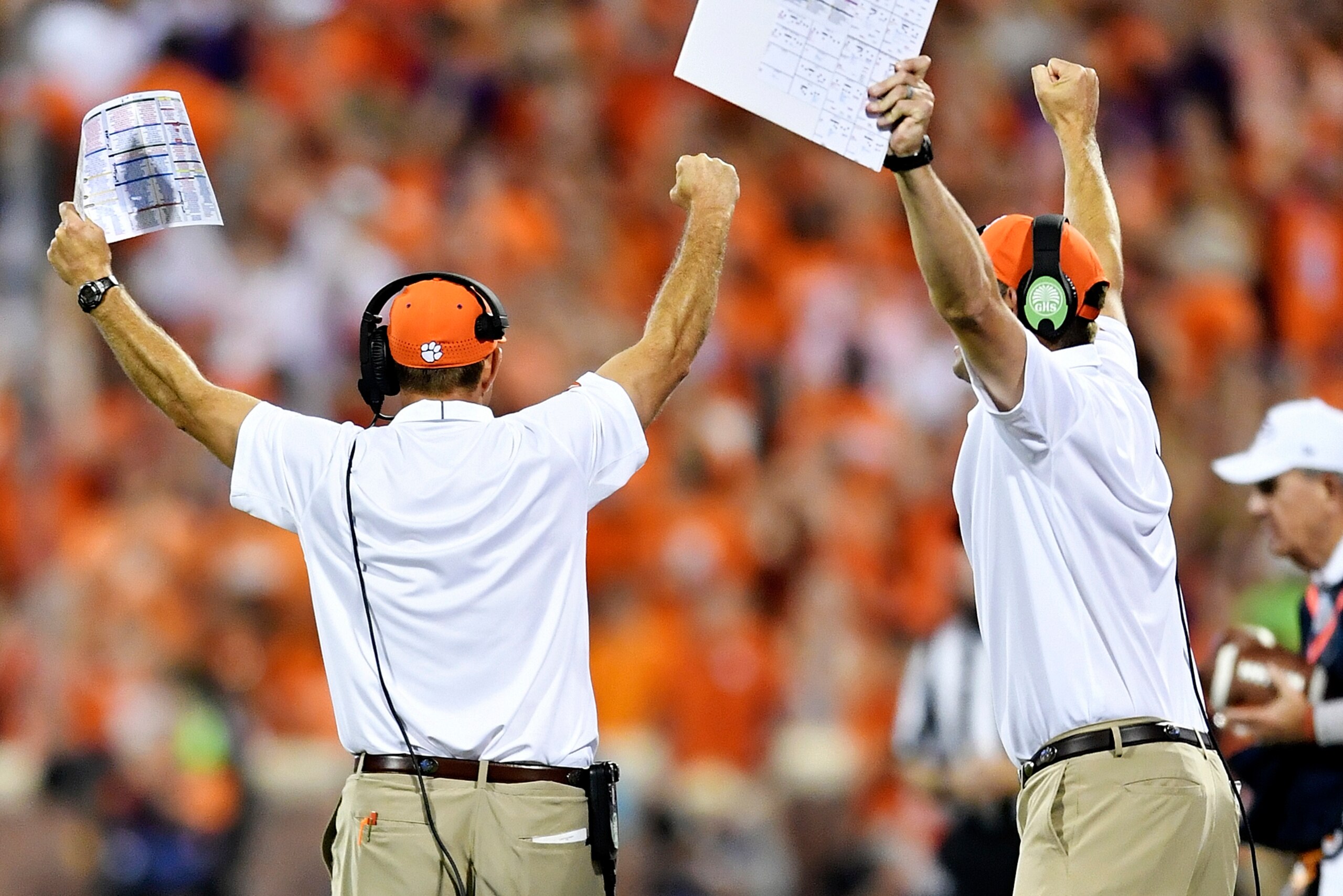 CLEMSON, SC - SEPTEMBER 09:  Head coach Dabo Swinney of the Clemson Tigers raises his arms in a 'v' during the closing minutes of the Tigers' football game against the Auburn Tigersat Memorial Stadium on September 9, 2017 in Clemson, South Carolina. (Phot
