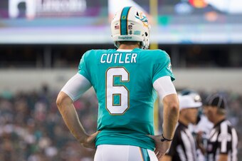 PHILADELPHIA, PA - AUGUST 24: Jay Cutler #6 of the Miami Dolphins plays against the Philadelphia Eagles in the preseason game at Lincoln Financial Field on August 24, 2017 in Philadelphia, Pennsylvania. The Eagles defeated the Dolphins 38-31. (Photo by Mi
