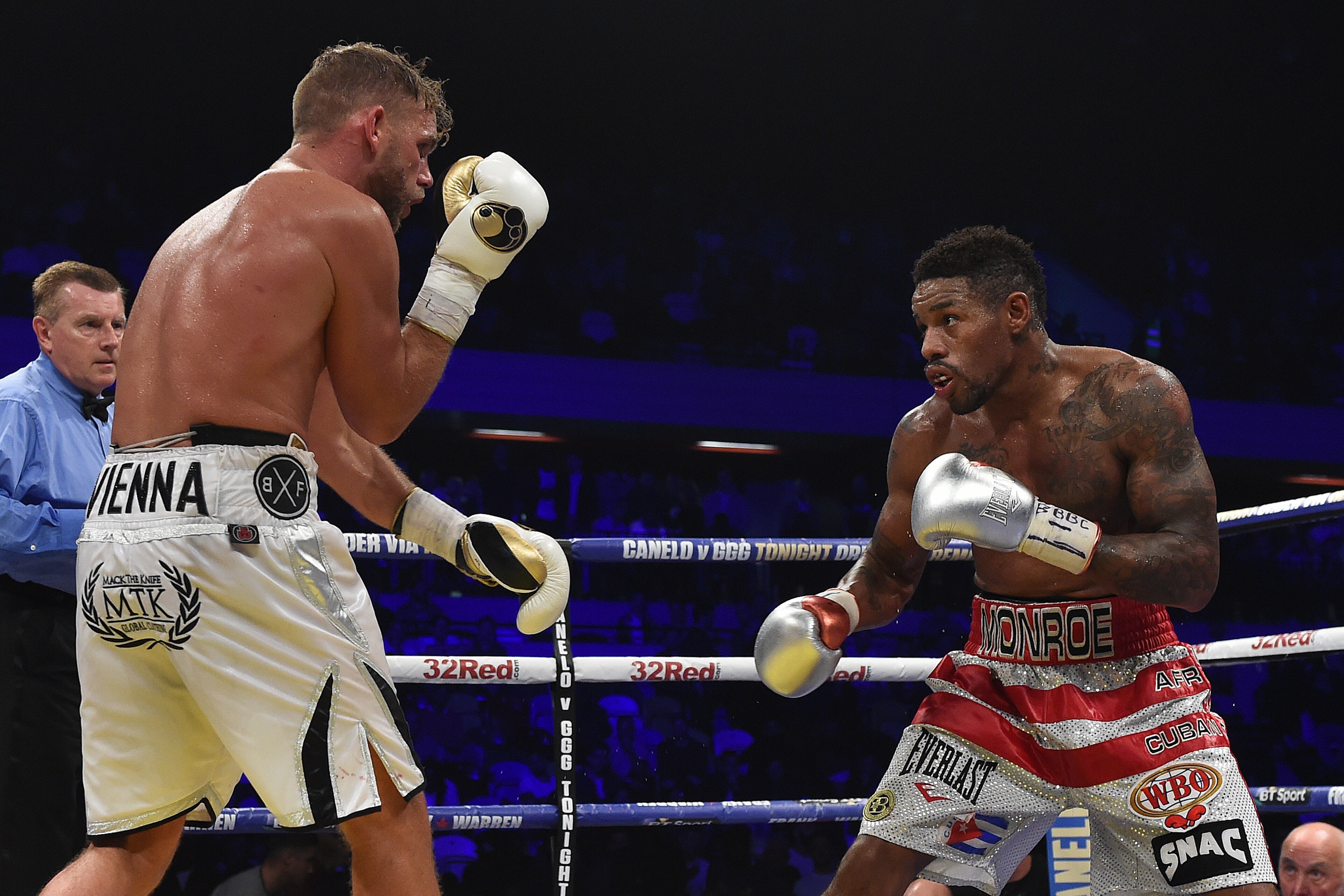 LONDON, ENGLAND - SEPTEMBER 16: Willie Munroe Jr (r) in boxing action with Billy Joe Saunders during the WBO World Middleweight Title fight at Copper Box Arena on September 16, 2017 in London, England. (Photo by Leigh Dawney/Getty Images)