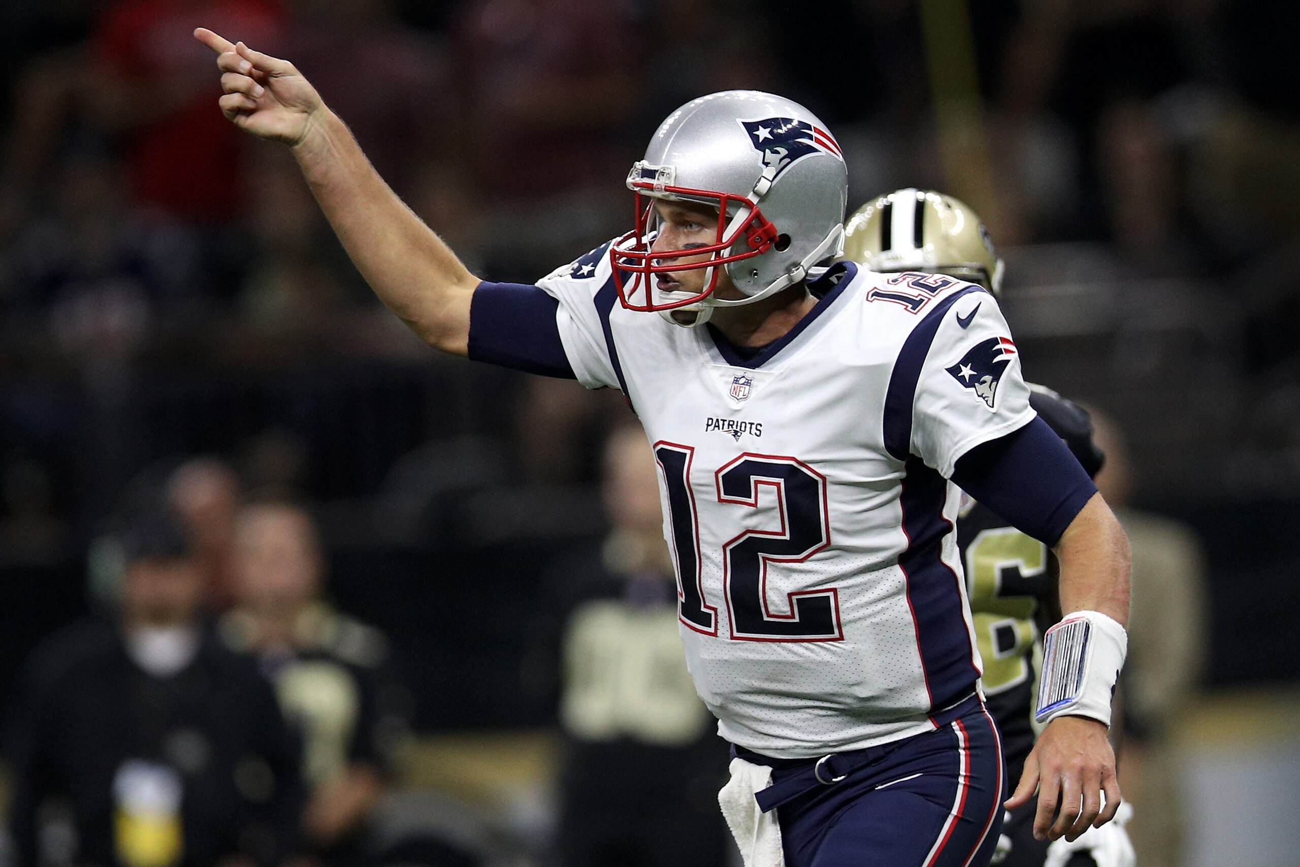 NEW ORLEANS, LA - SEPTEMBER 17:  Tom Brady #12 of the New England Patriots reacts during the game against the New Orleans Saints at the Mercedes-Benz Superdome on September 17, 2017 in New Orleans, Louisiana.  (Photo by Chris Graythen/Getty Images)