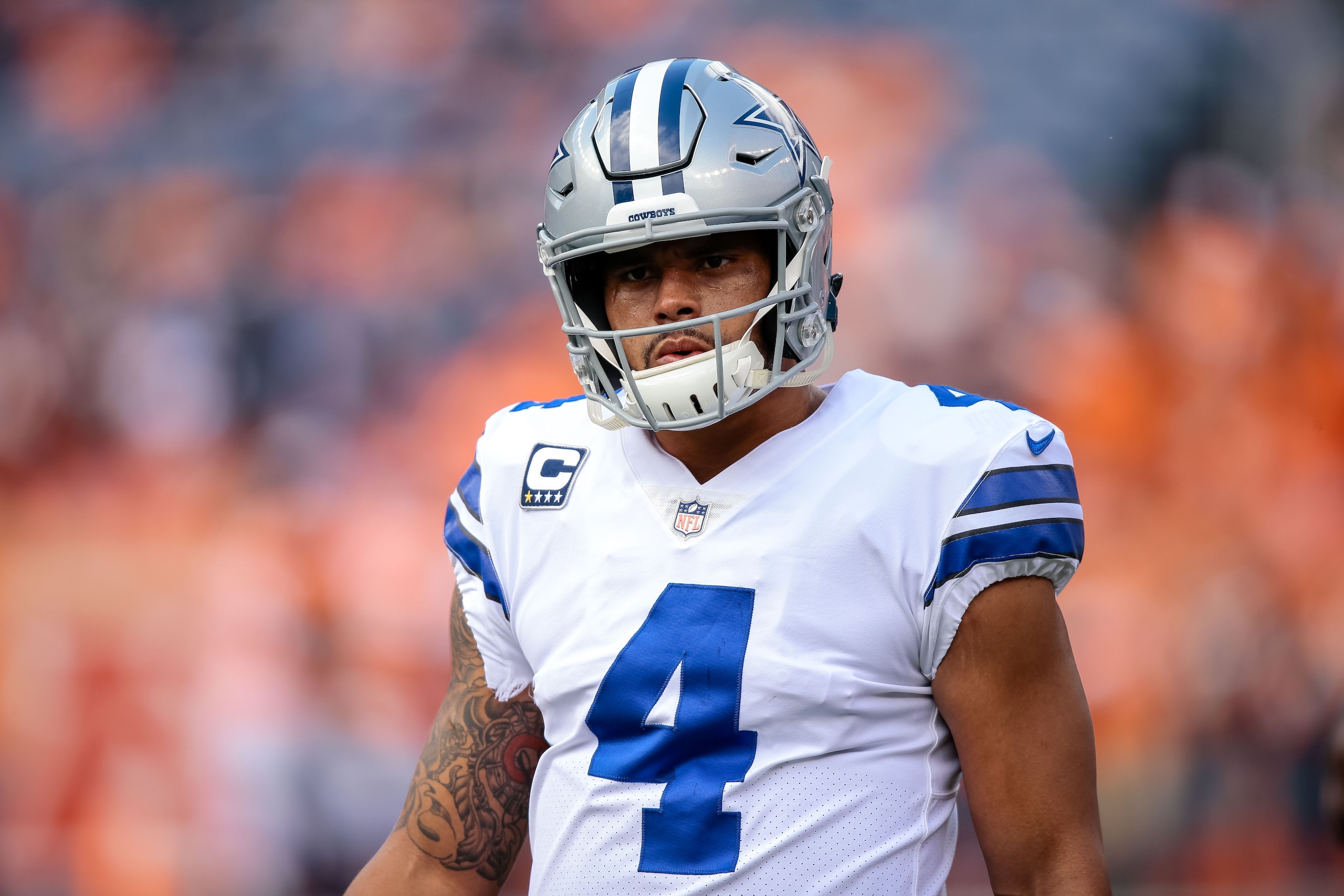 Sep 17, 2017; Denver, CO, USA; Dallas Cowboys quarterback Dak Prescott (4) before the game against the Denver Broncos at Sports Authority Field at Mile High. Mandatory Credit: Isaiah J. Downing-USA TODAY Sports
